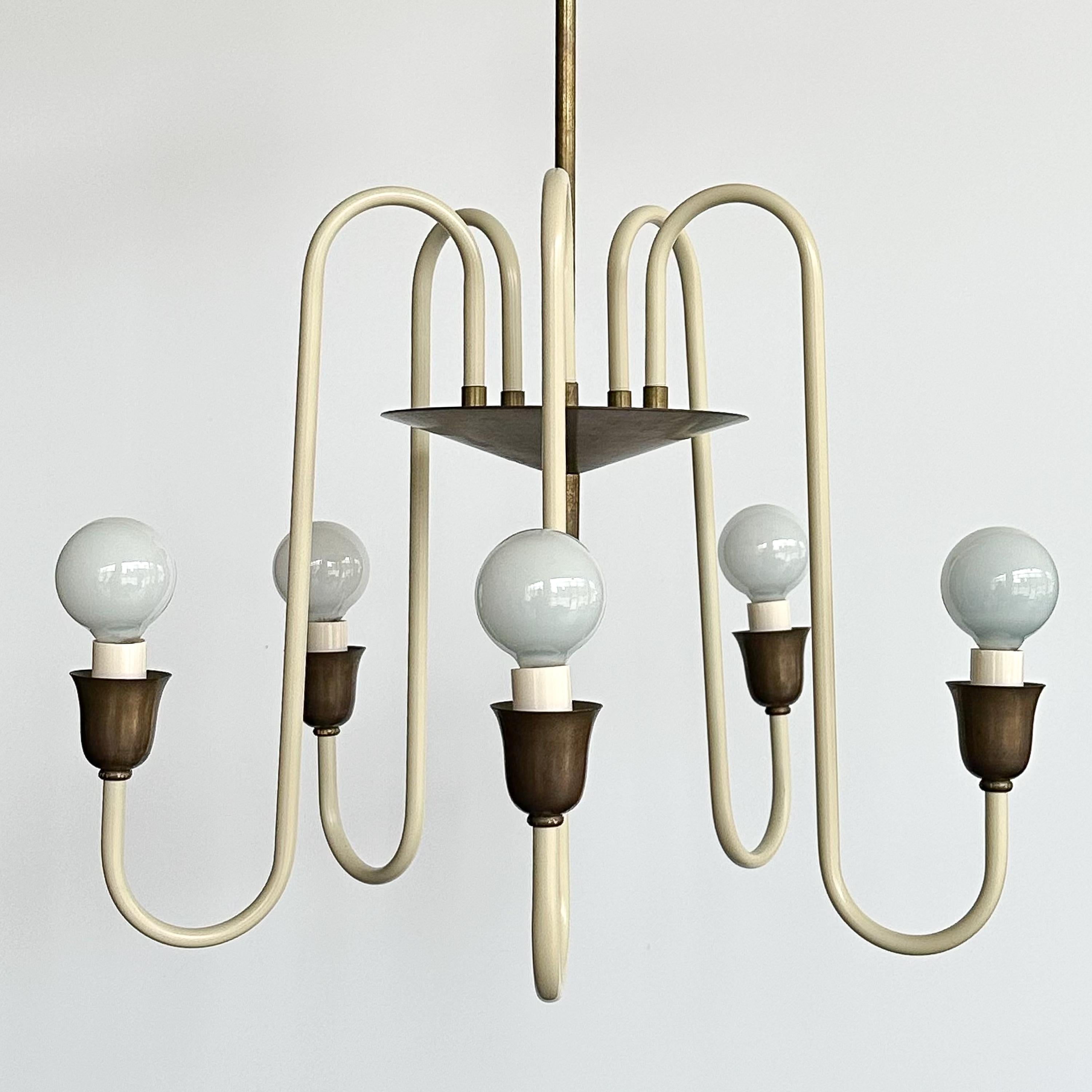 French 1950s Cream Lacquered and Brass 5 Light Chandelier 2