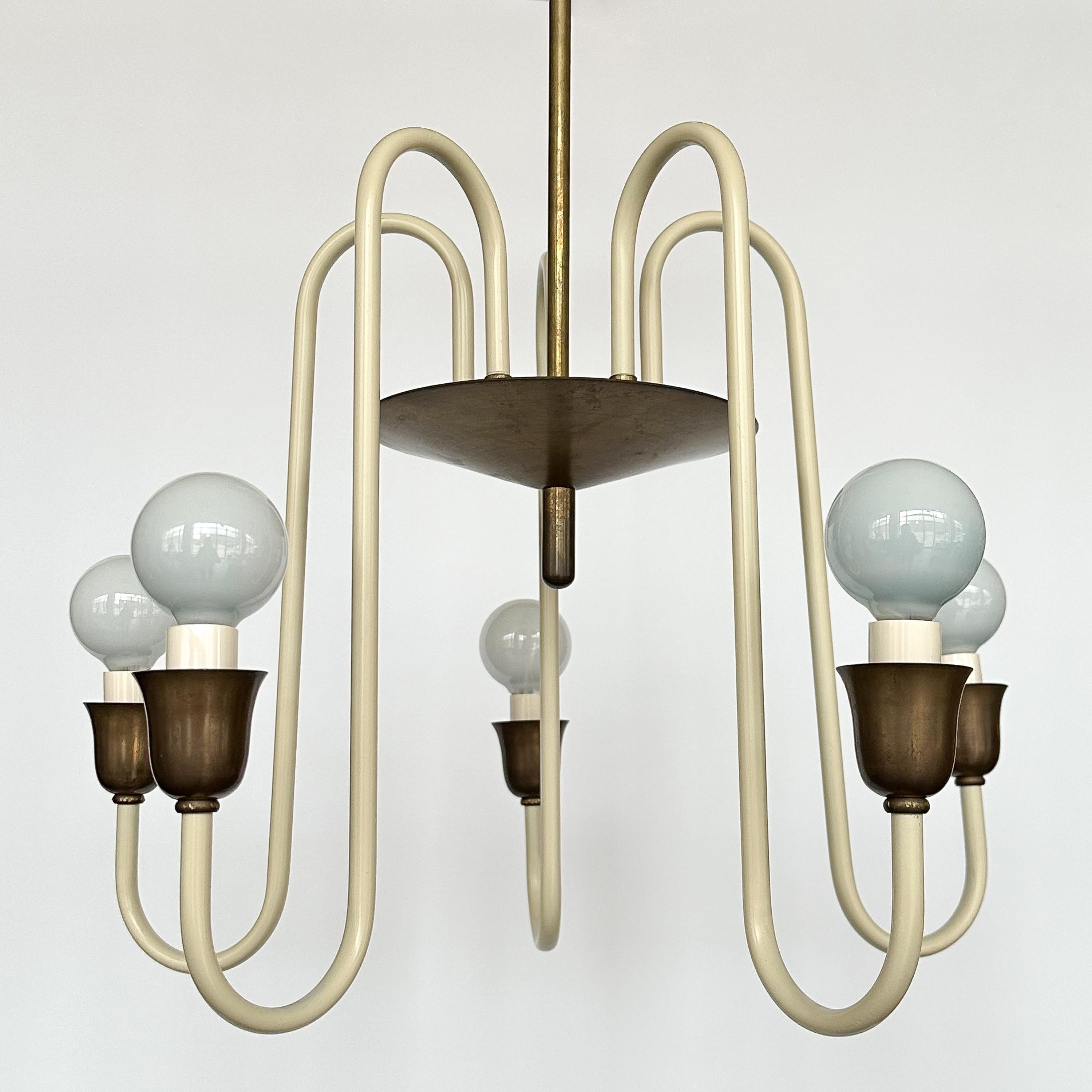 French 1950s Cream Lacquered and Brass 5 Light Chandelier 3
