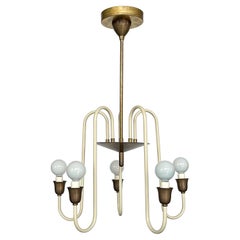 French 1950s Cream Lacquered and Brass 5 Light Chandelier