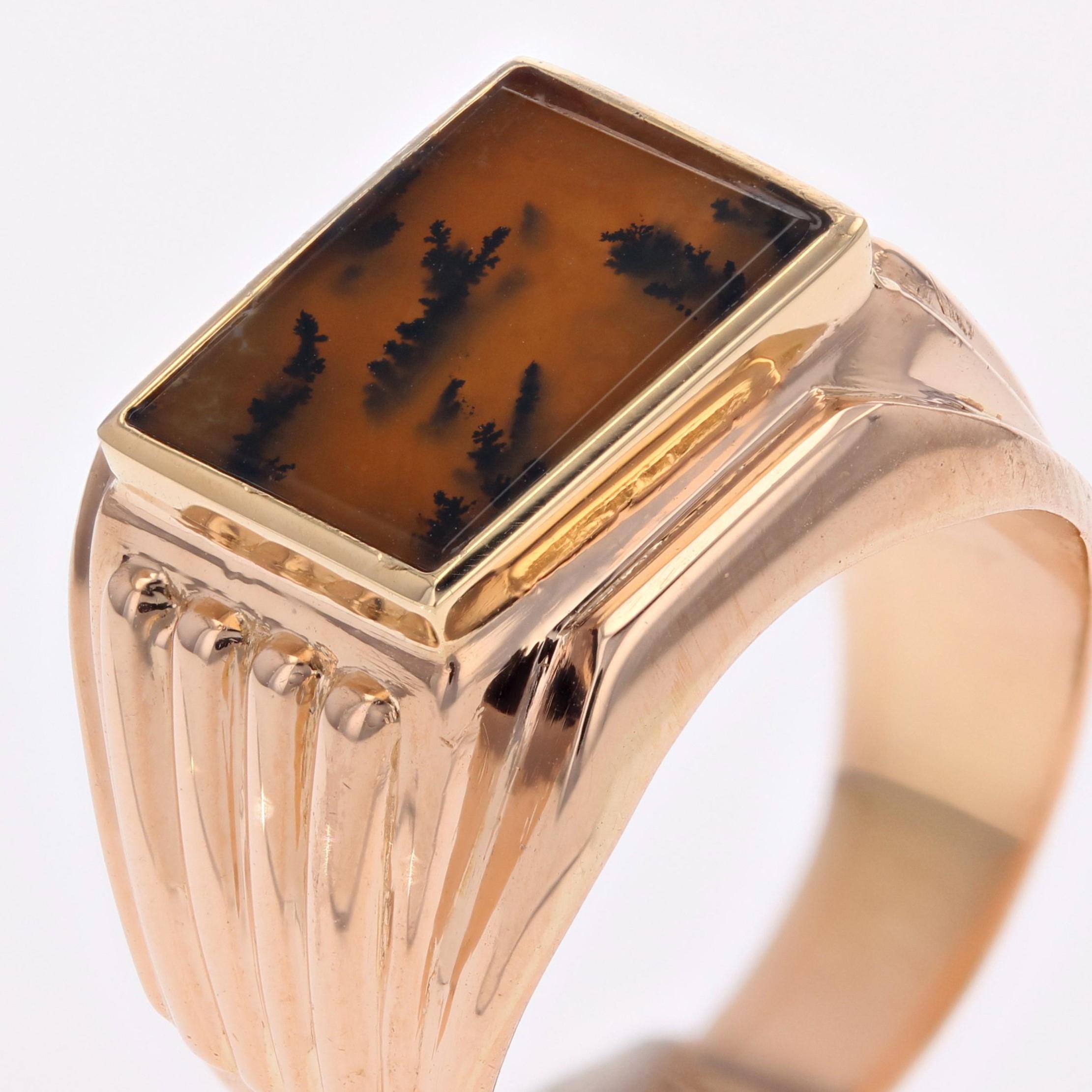 French 1950s Dendrite Agate 18 Karat Rose Gold Ladies Signet Ring For Sale 4