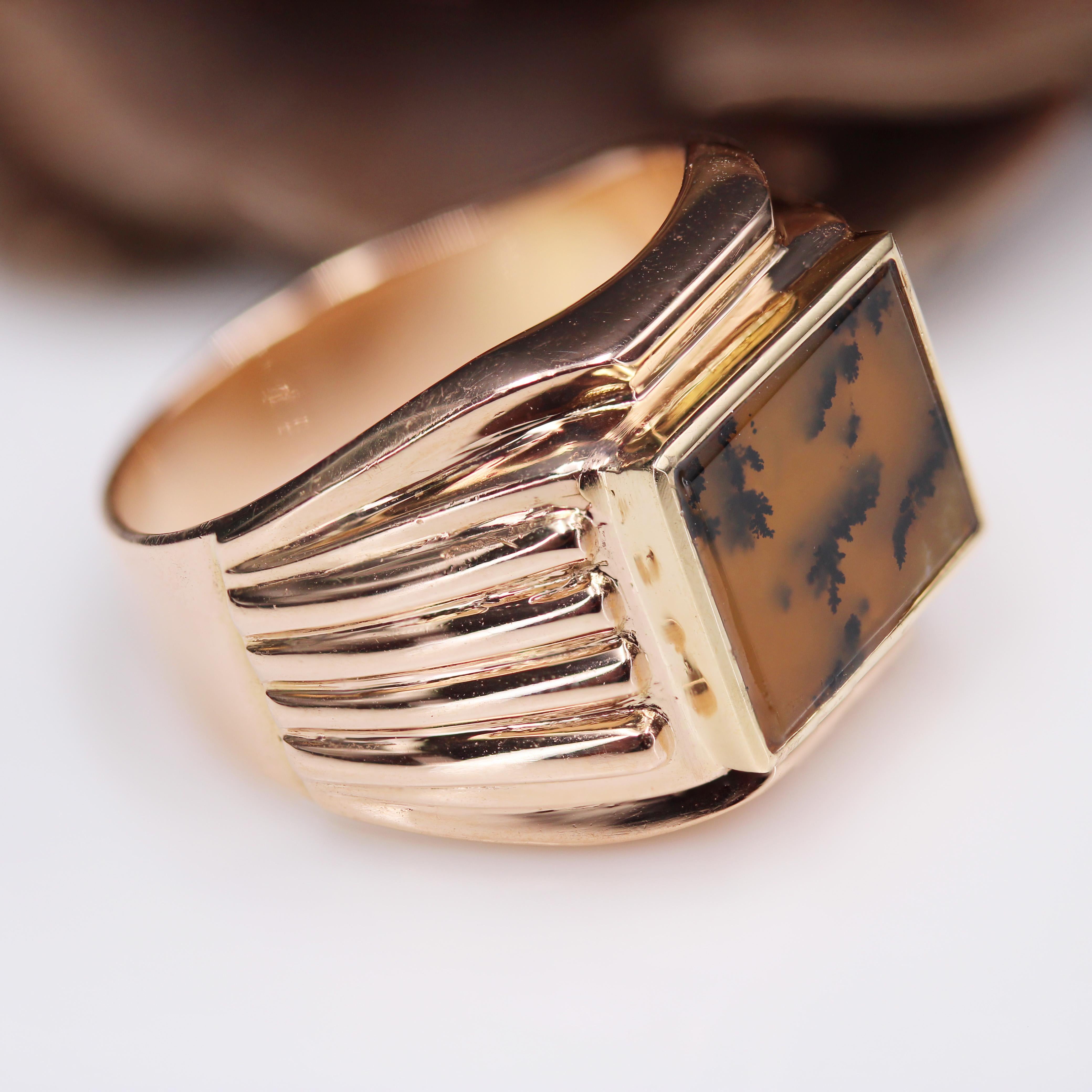 French 1950s Dendrite Agate 18 Karat Rose Gold Ladies Signet Ring For Sale 8