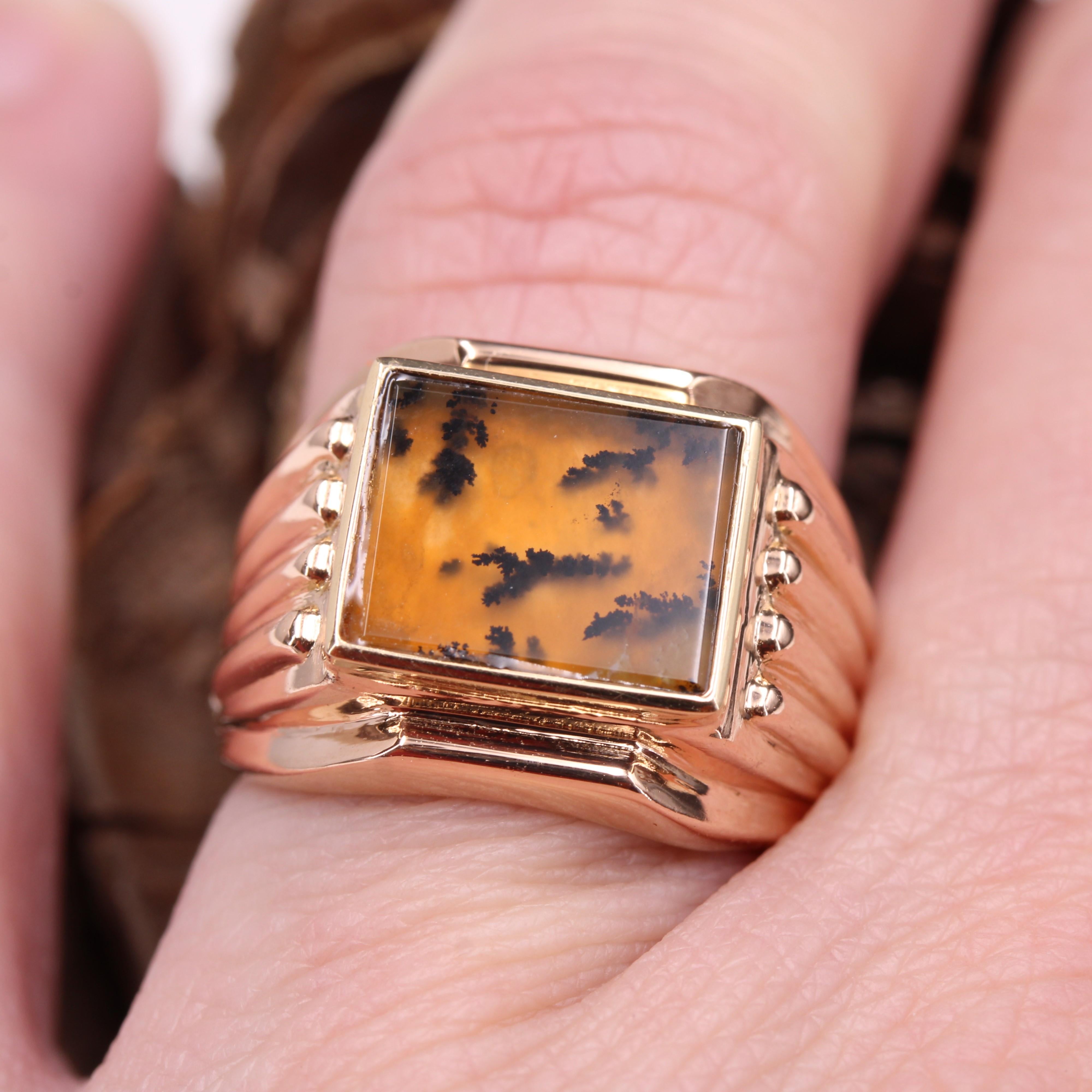 French 1950s Dendrite Agate 18 Karat Rose Gold Ladies Signet Ring For Sale 9