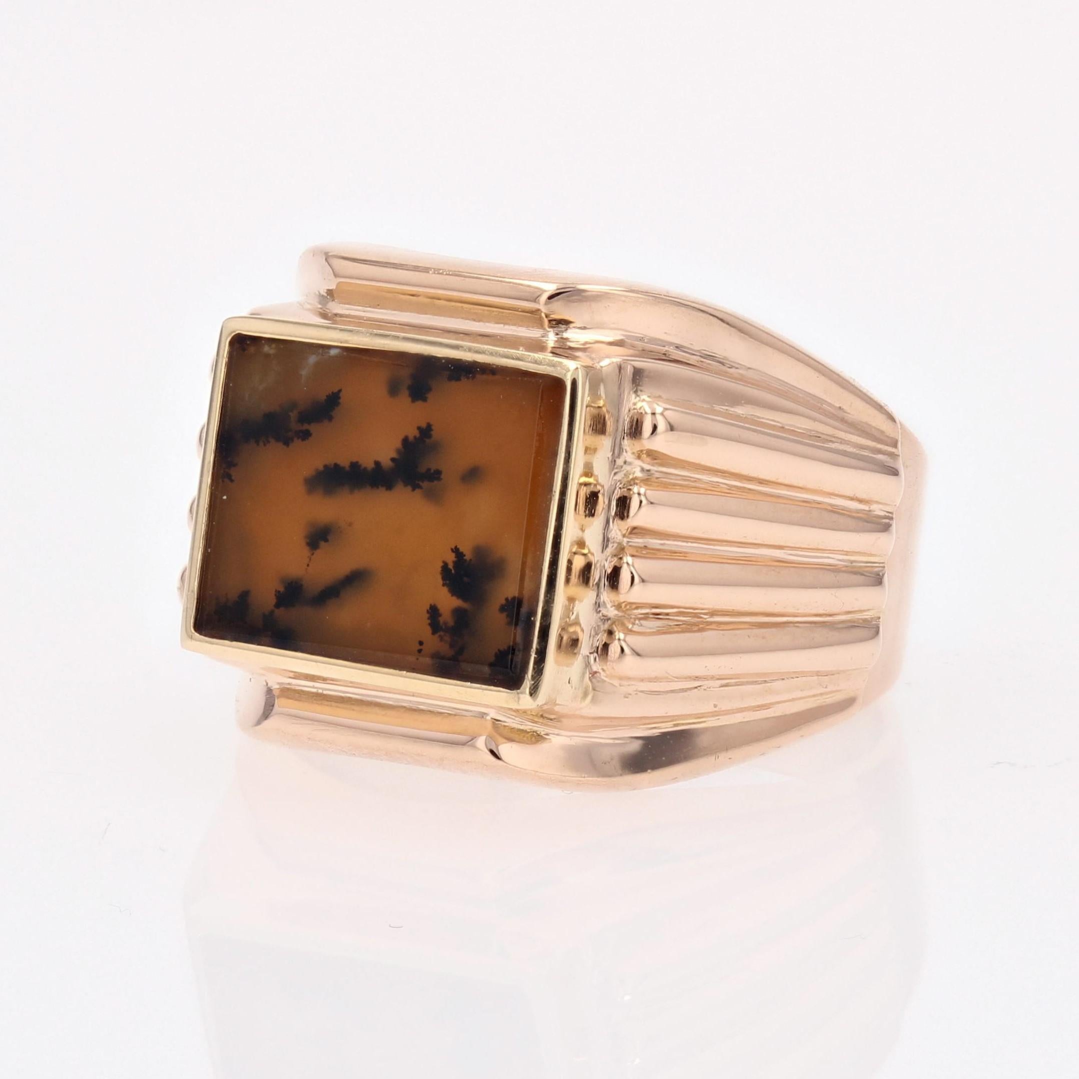 French 1950s Dendrite Agate 18 Karat Rose Gold Ladies Signet Ring For Sale 2