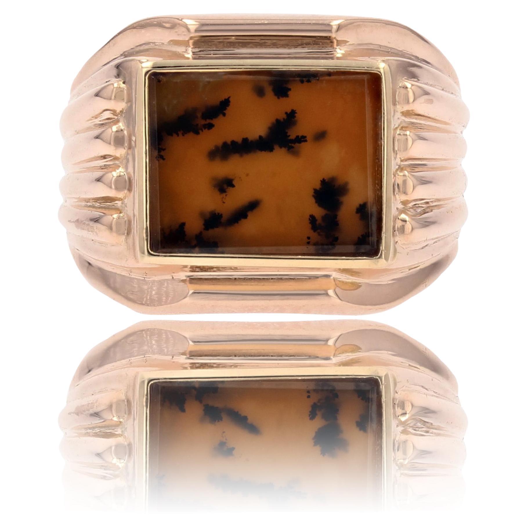Bague Signet pour femme en or rose 18 carats avec dendrite et agate des années 1950