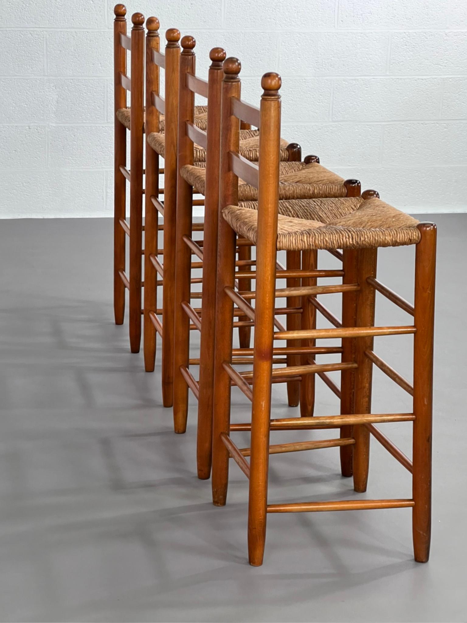 Mid-Century Modern French 1950s Design Wooden And Braided Straw Set of 4 Bar Stools