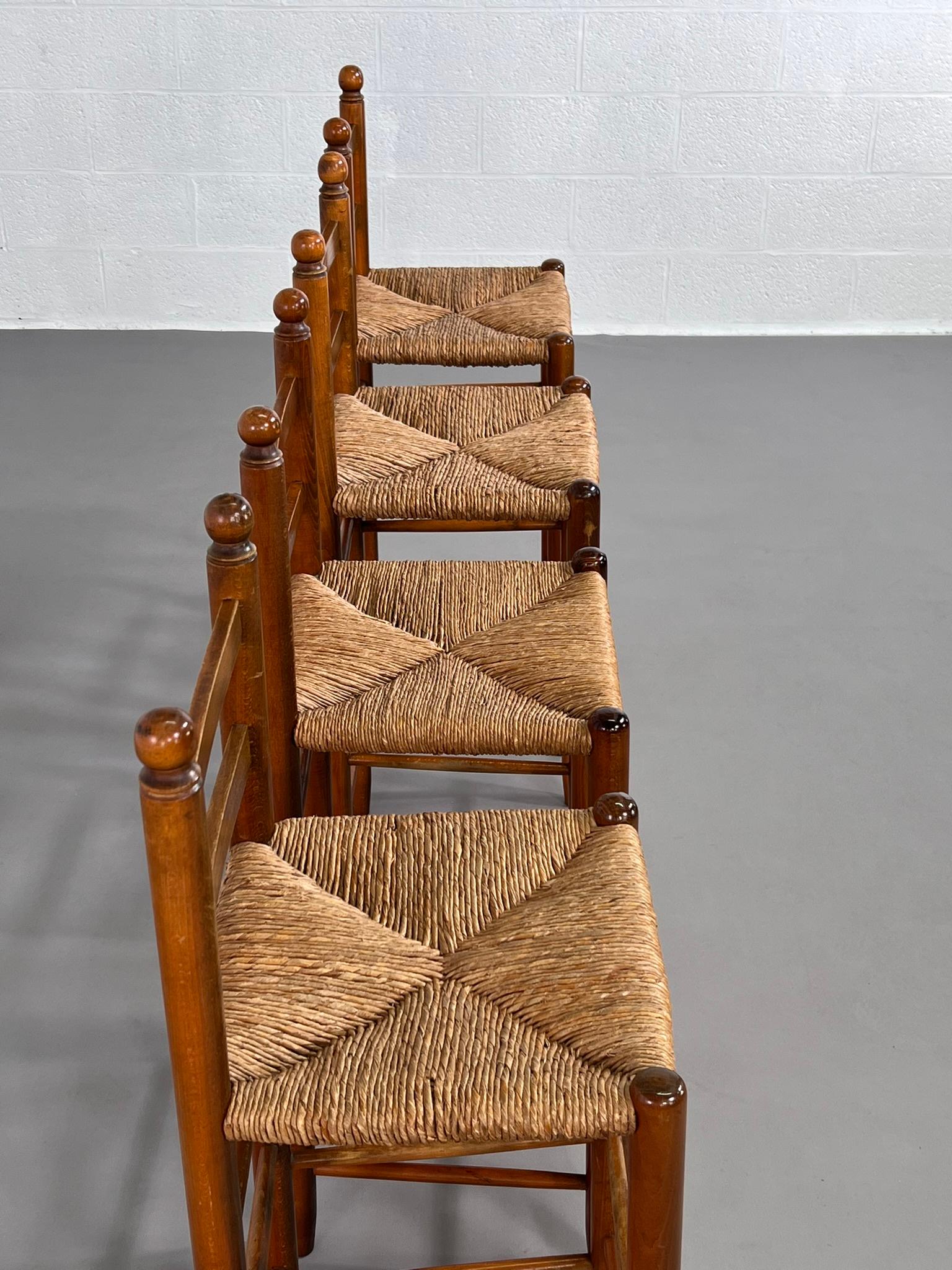 French 1950s Design Wooden And Braided Straw Set of 4 Bar Stools In Good Condition In Tourcoing, FR