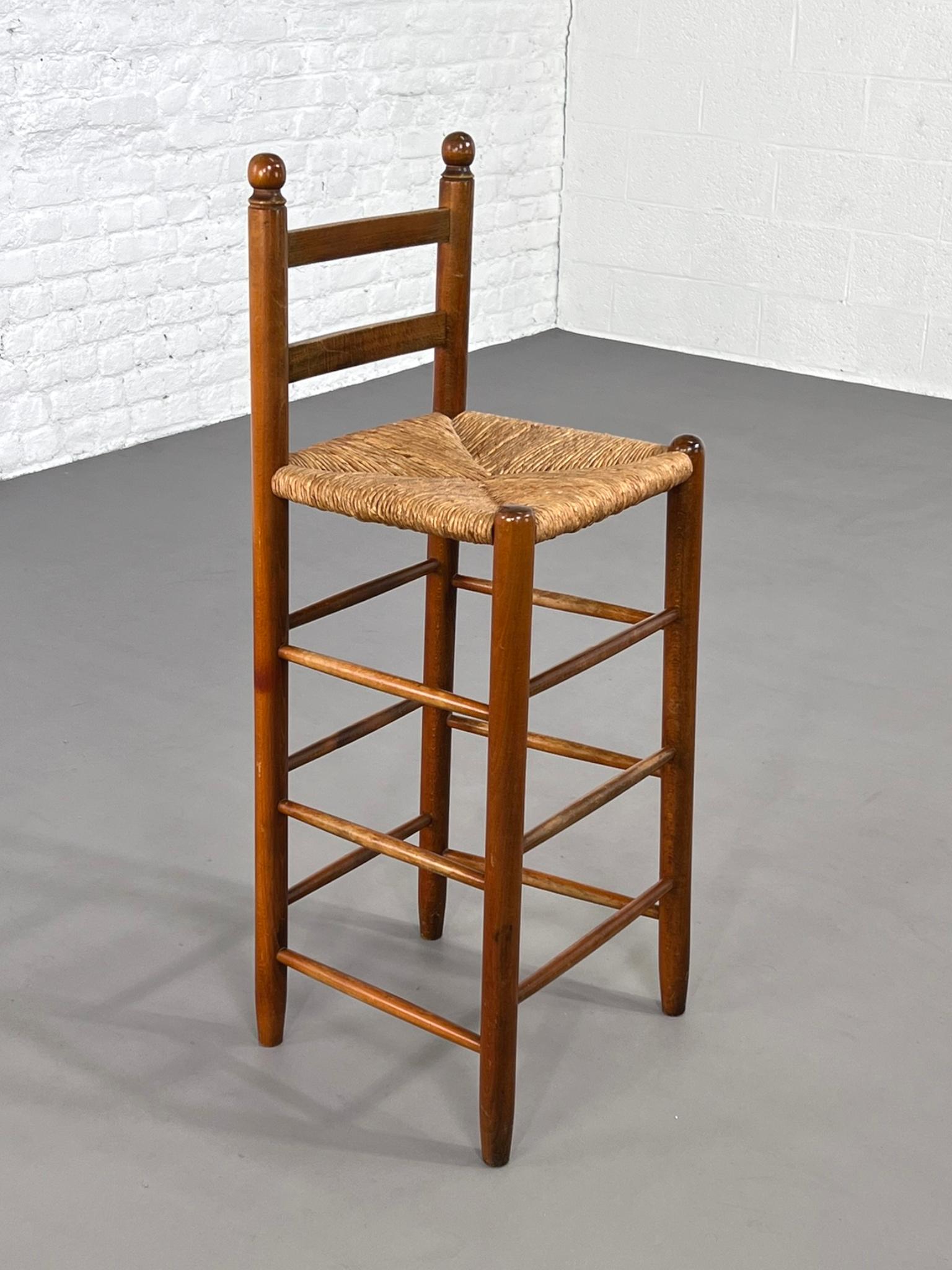 French 1950s Design Wooden And Braided Straw Set of 4 Bar Stools 2