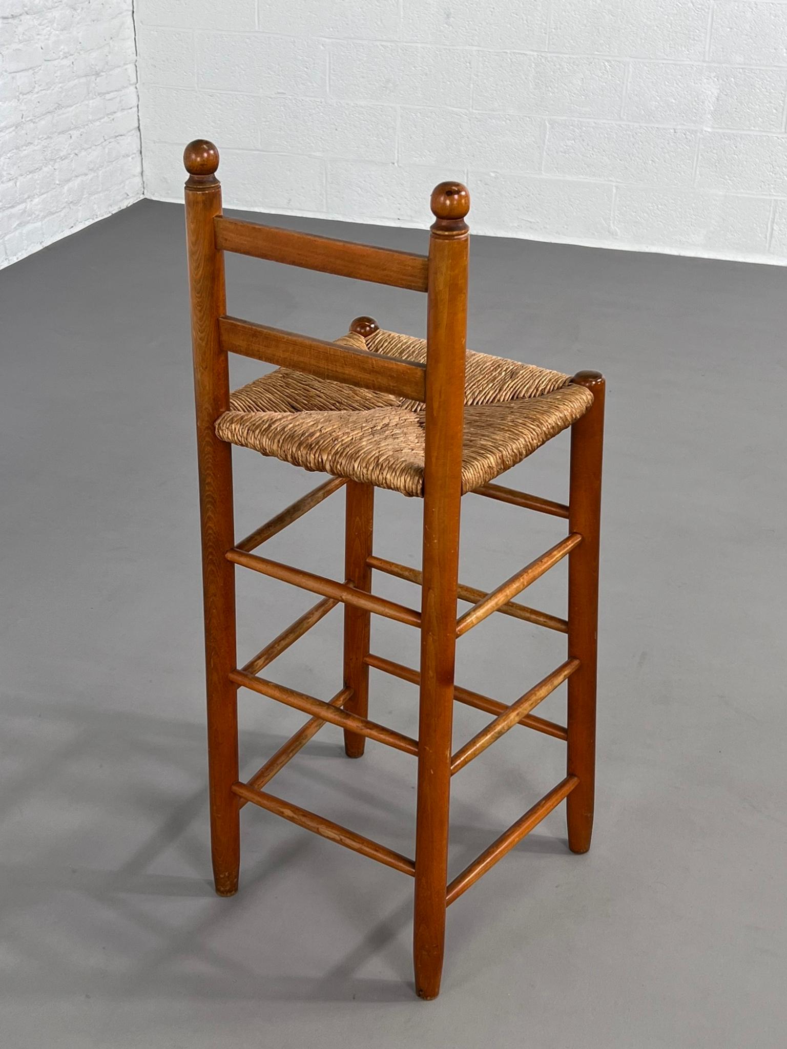 French 1950s Design Wooden And Braided Straw Set of 4 Bar Stools 3