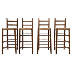French 1950s Design Wooden And Braided Straw Set of 4 Bar Stools