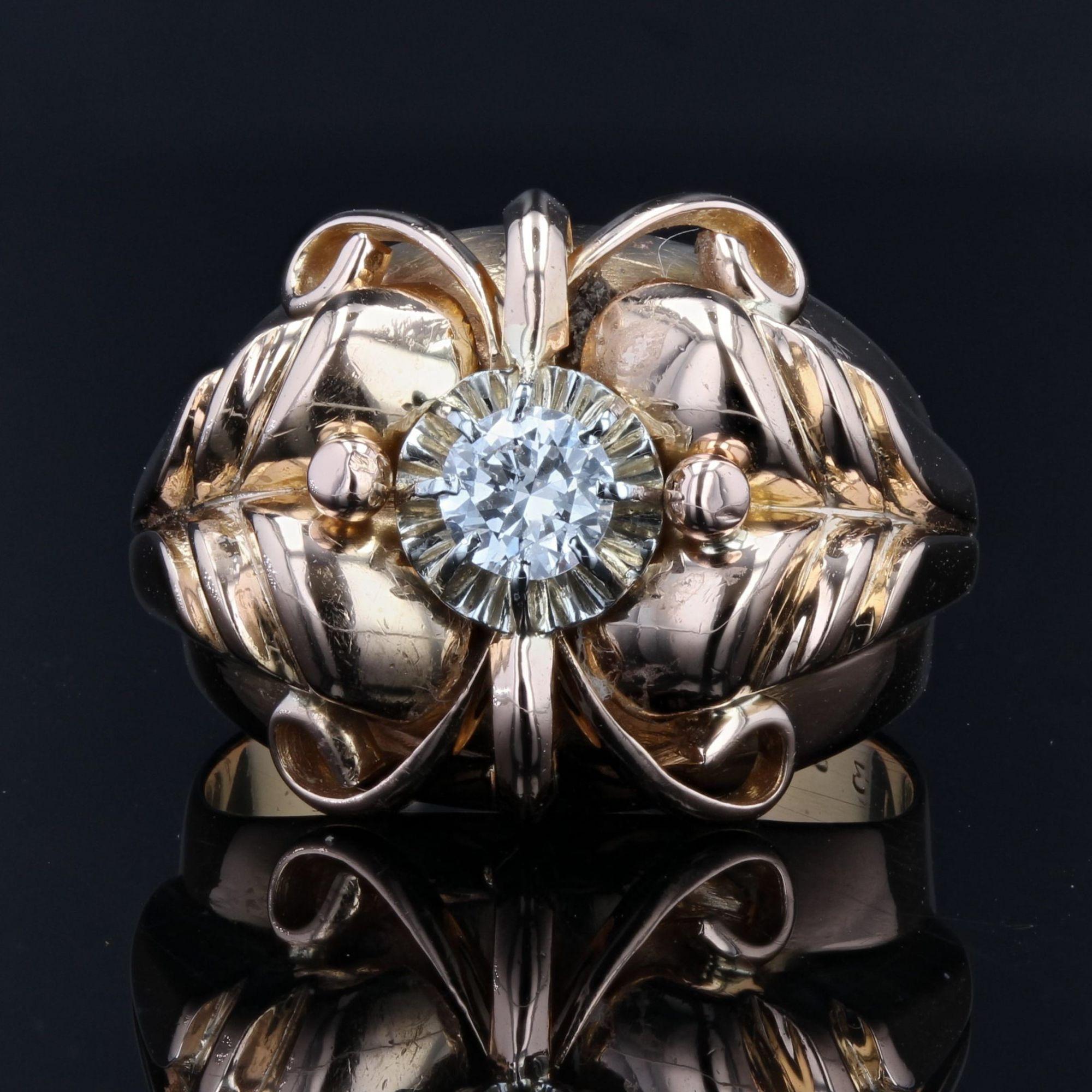 Brilliant Cut French 1950s Diamond 18 Karat Rose Gold Dome Ring For Sale