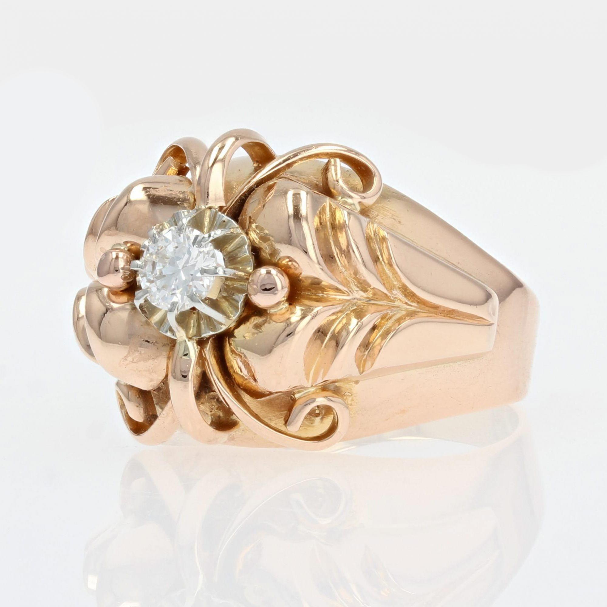 French 1950s Diamond 18 Karat Rose Gold Dome Ring In Good Condition For Sale In Poitiers, FR