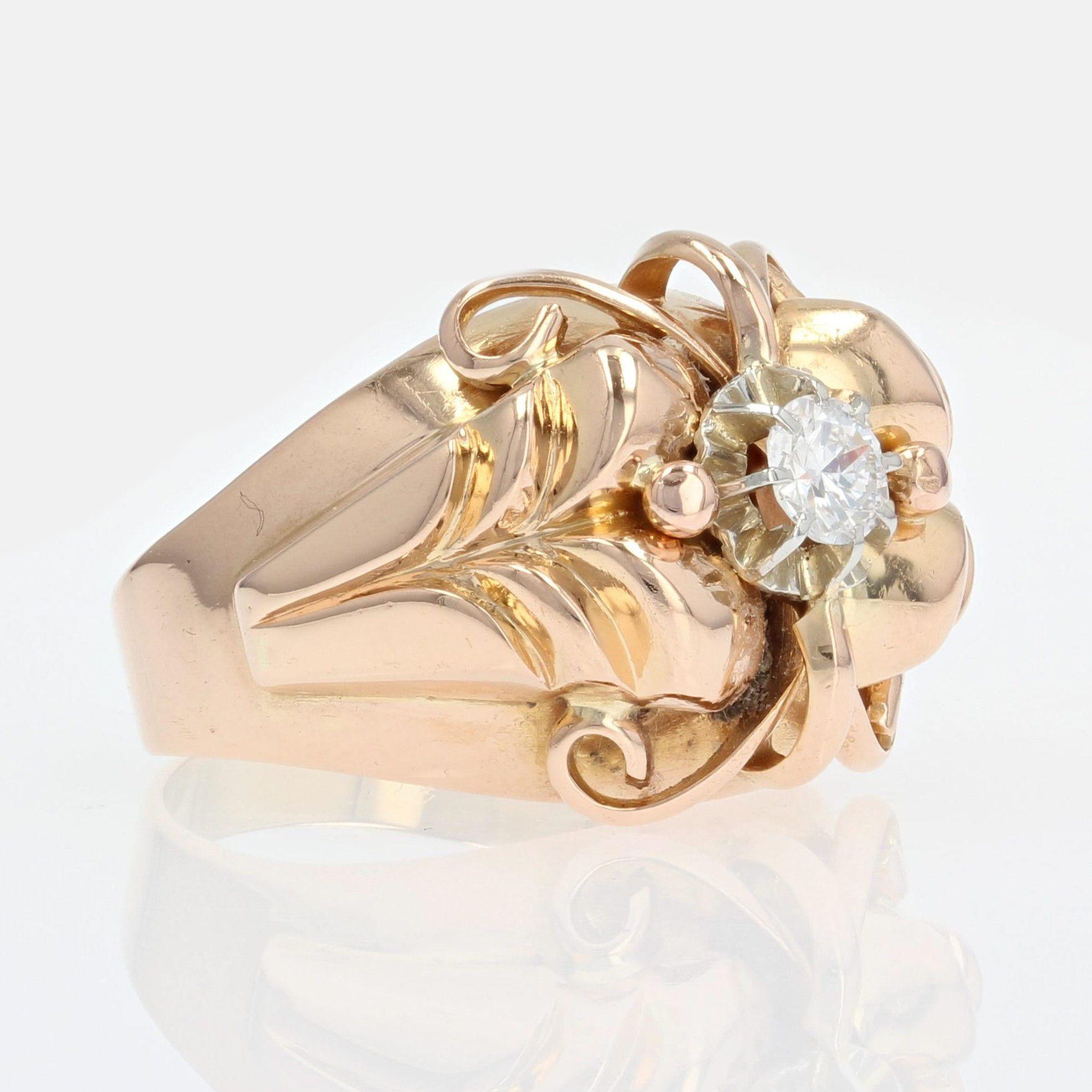 French 1950s Diamond 18 Karat Rose Gold Dome Ring For Sale 2