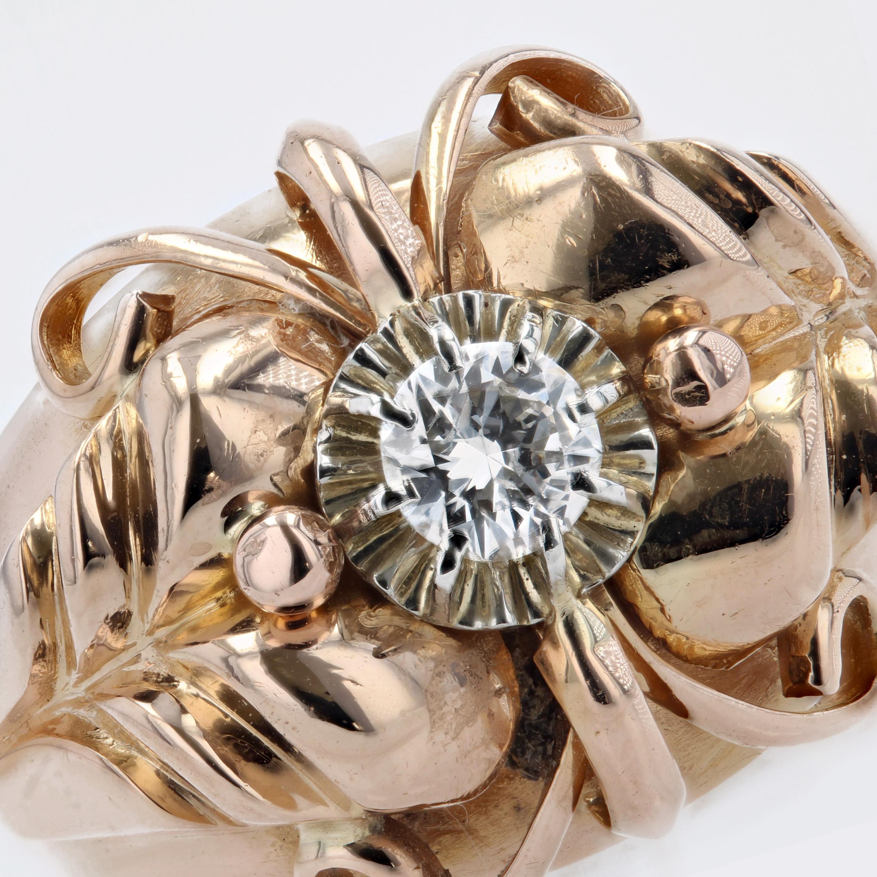 French 1950s Diamond 18 Karat Rose Gold Dome Ring For Sale 1