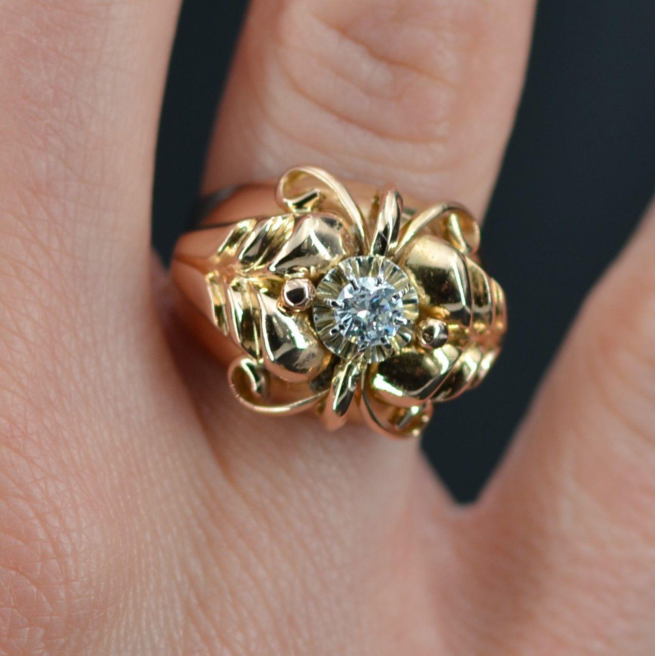 French 1950s Diamond 18 Karat Rose Gold Dome Ring For Sale 5