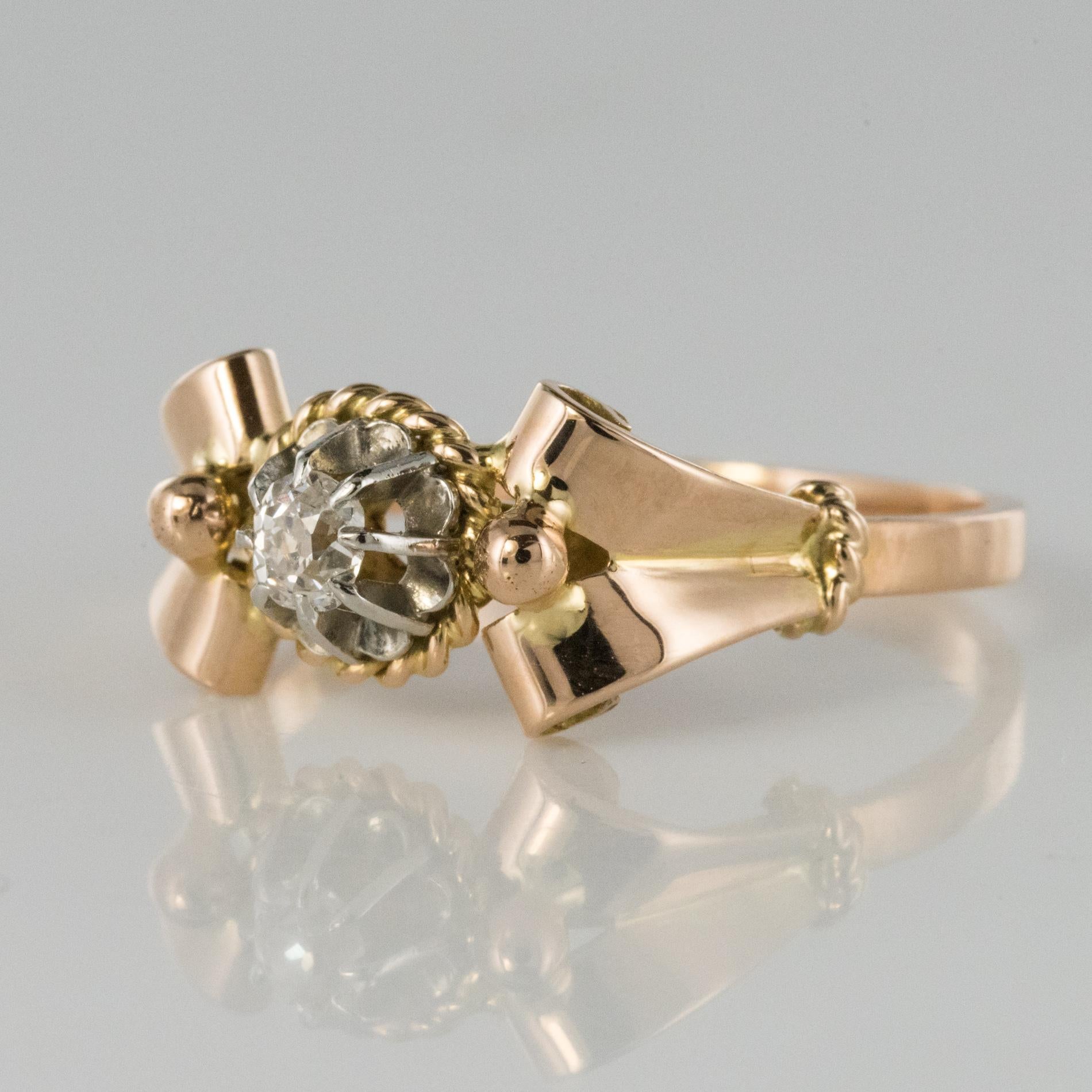 French 1950s Diamond 18 Karat Rose Gold Platinum Retro Ring In Good Condition In Poitiers, FR
