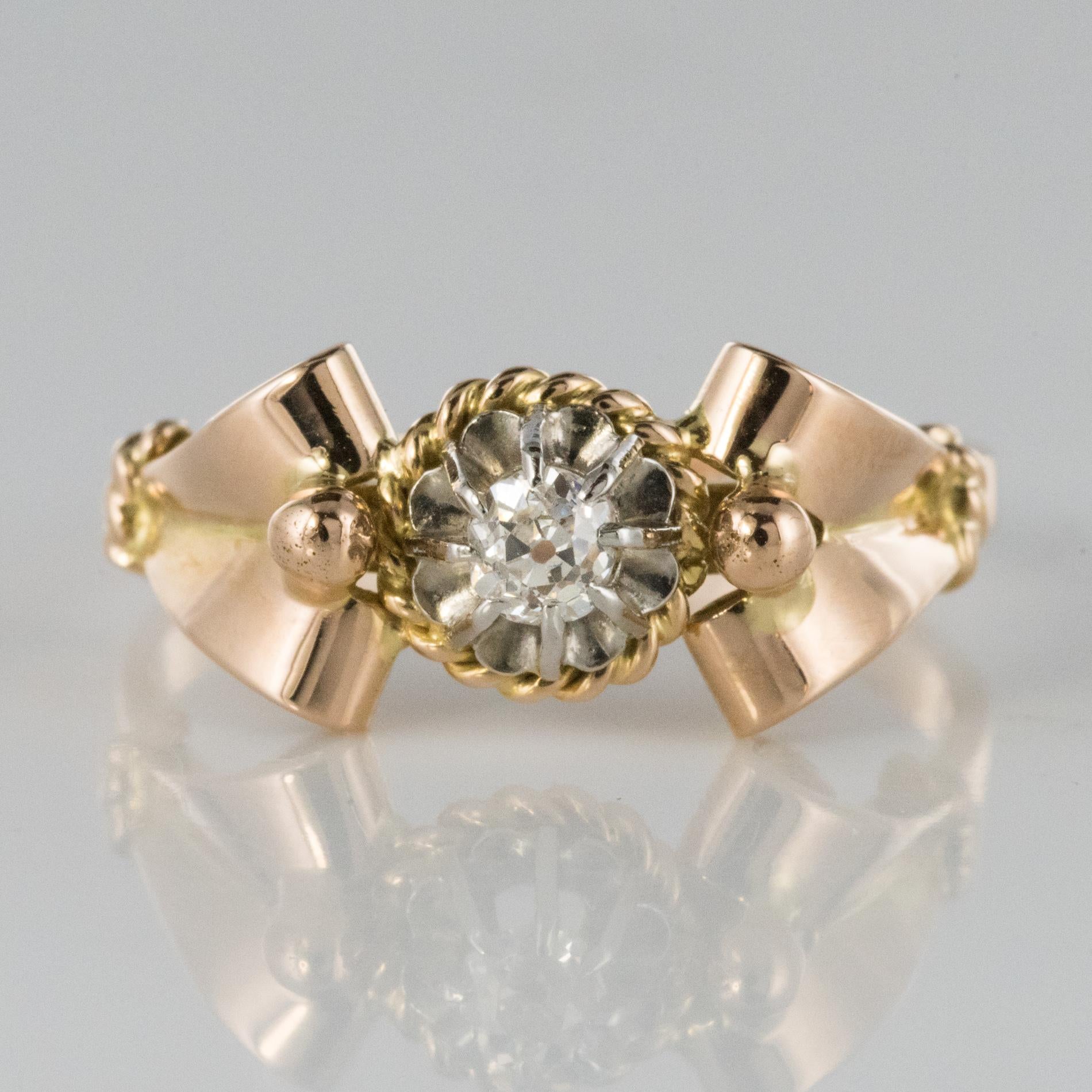 French 1950s Diamond 18 Karat Rose Gold Platinum Retro Ring 4