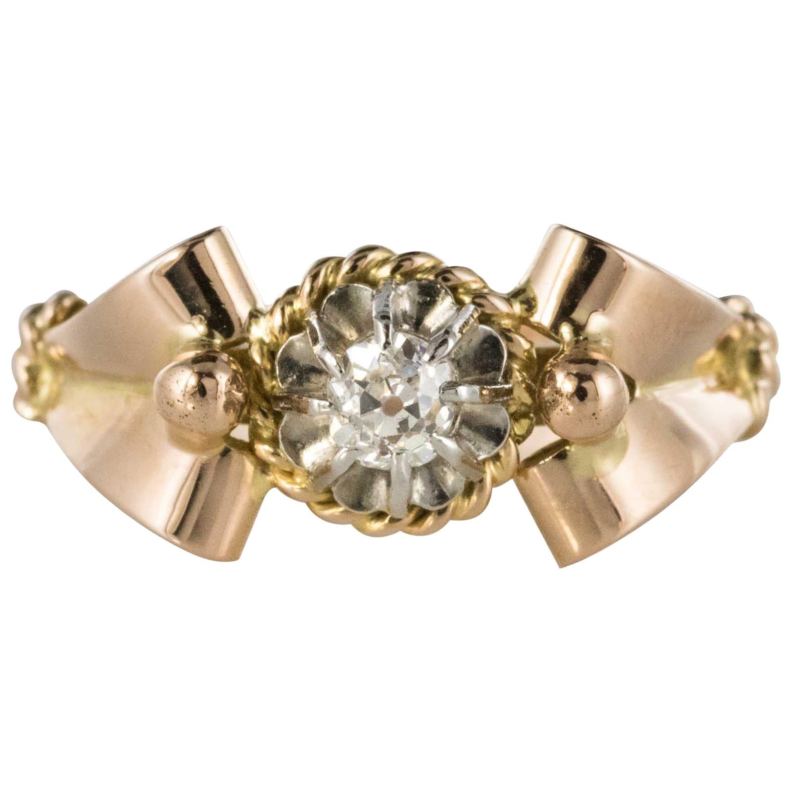 French 1950s Diamond 18 Karat Rose Gold Platinum Retro Ring