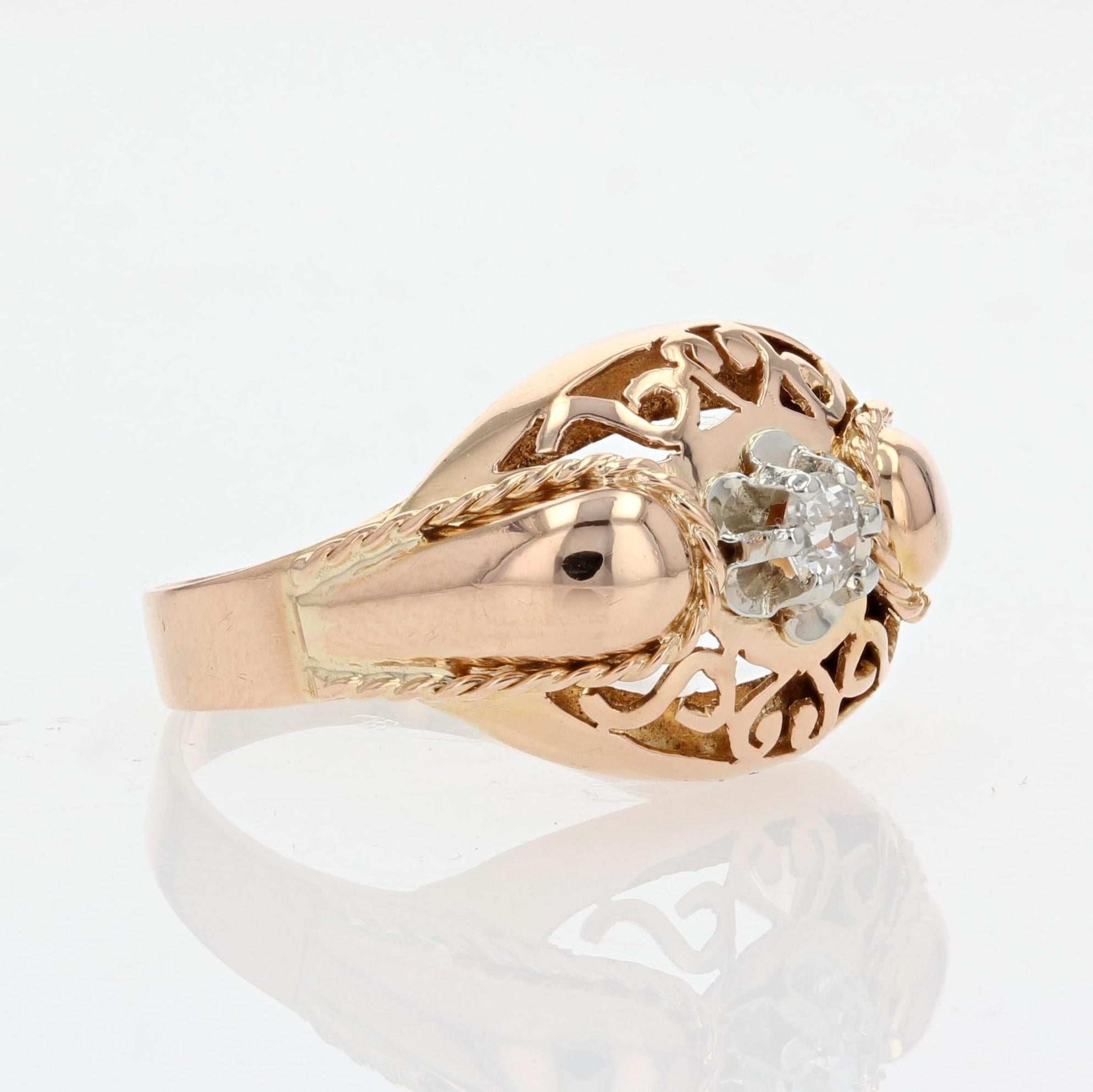French 1950s Diamond 18 Karat Rose Gold Retro Ring For Sale 5