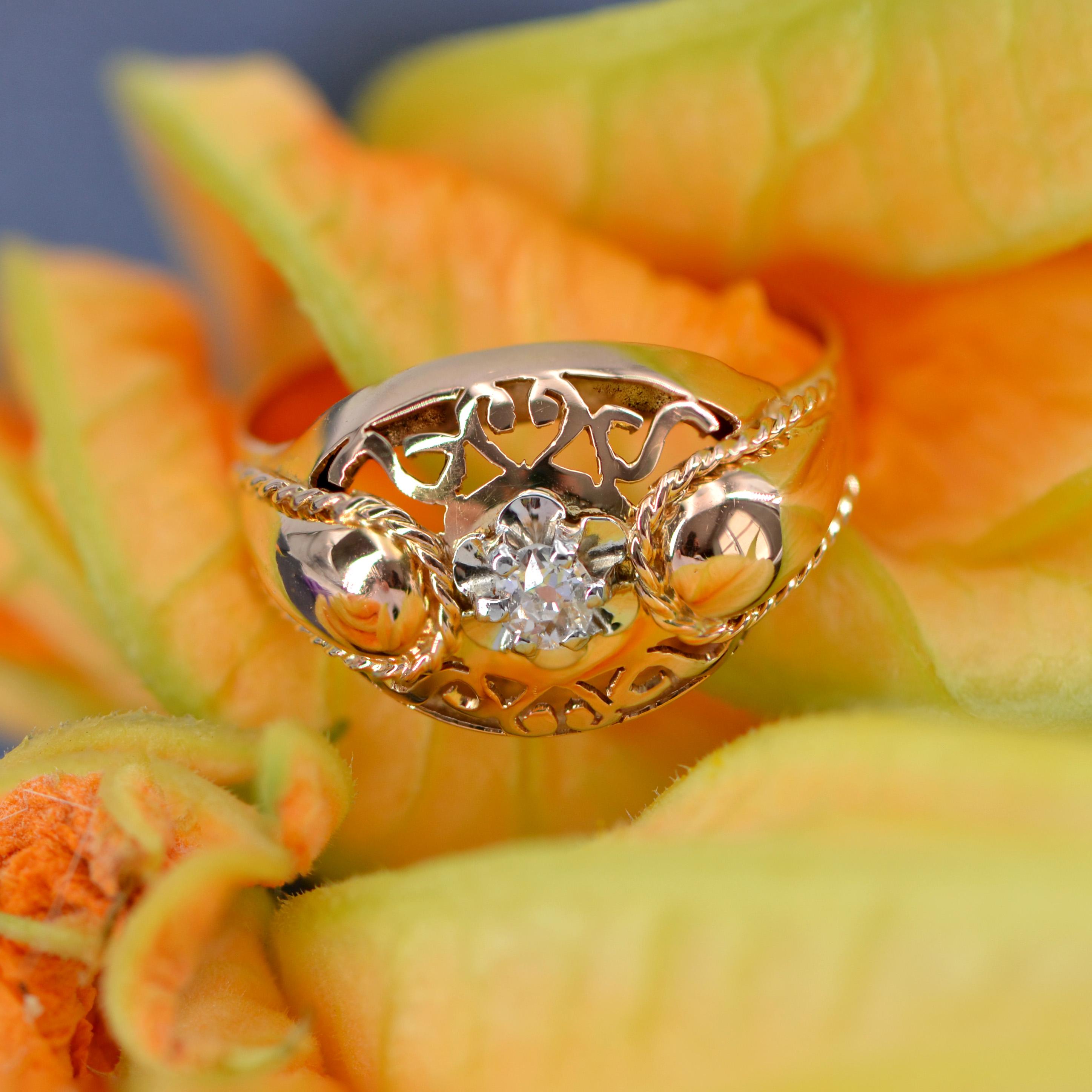 French 1950s Diamond 18 Karat Rose Gold Retro Ring For Sale 9