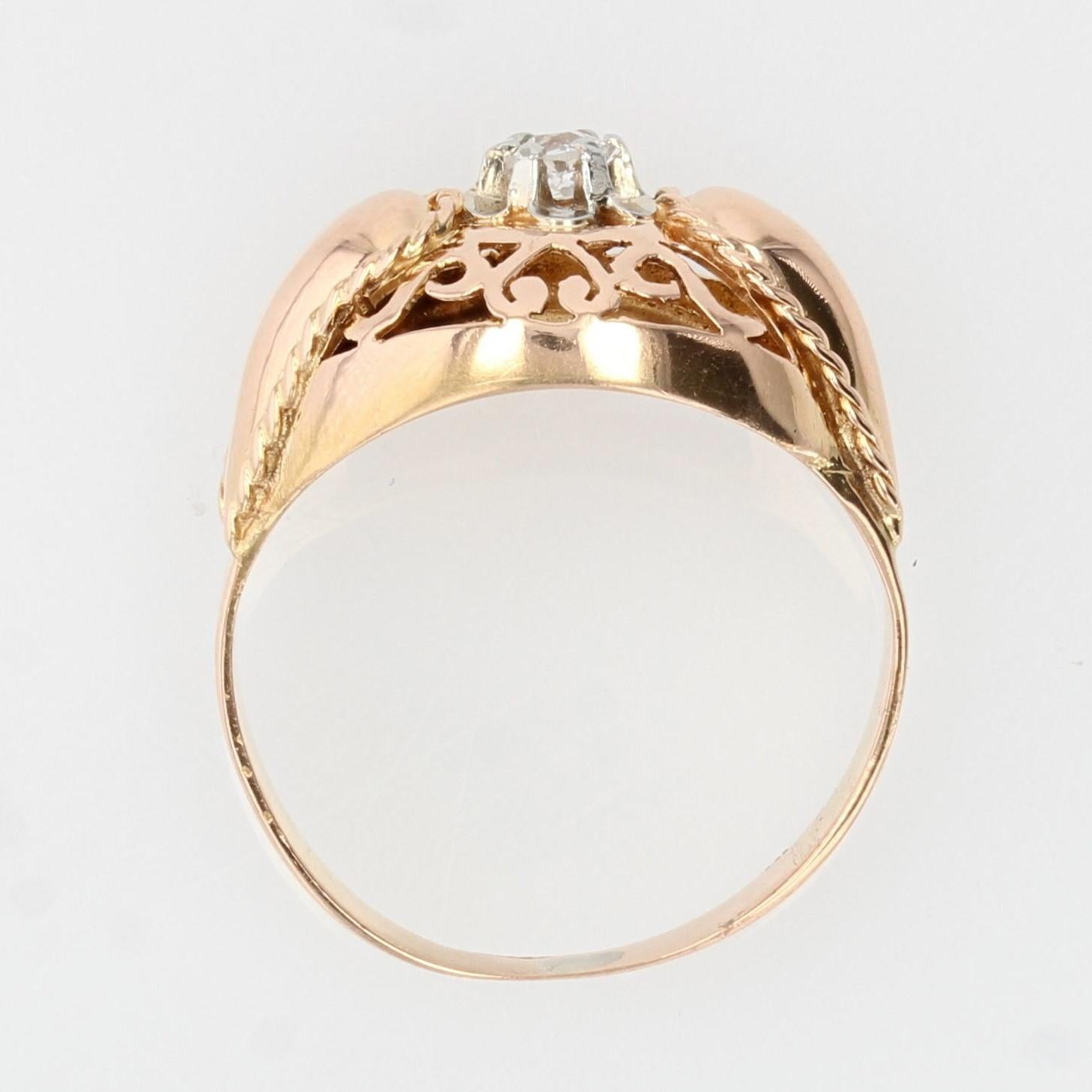 French 1950s Diamond 18 Karat Rose Gold Retro Ring For Sale 10