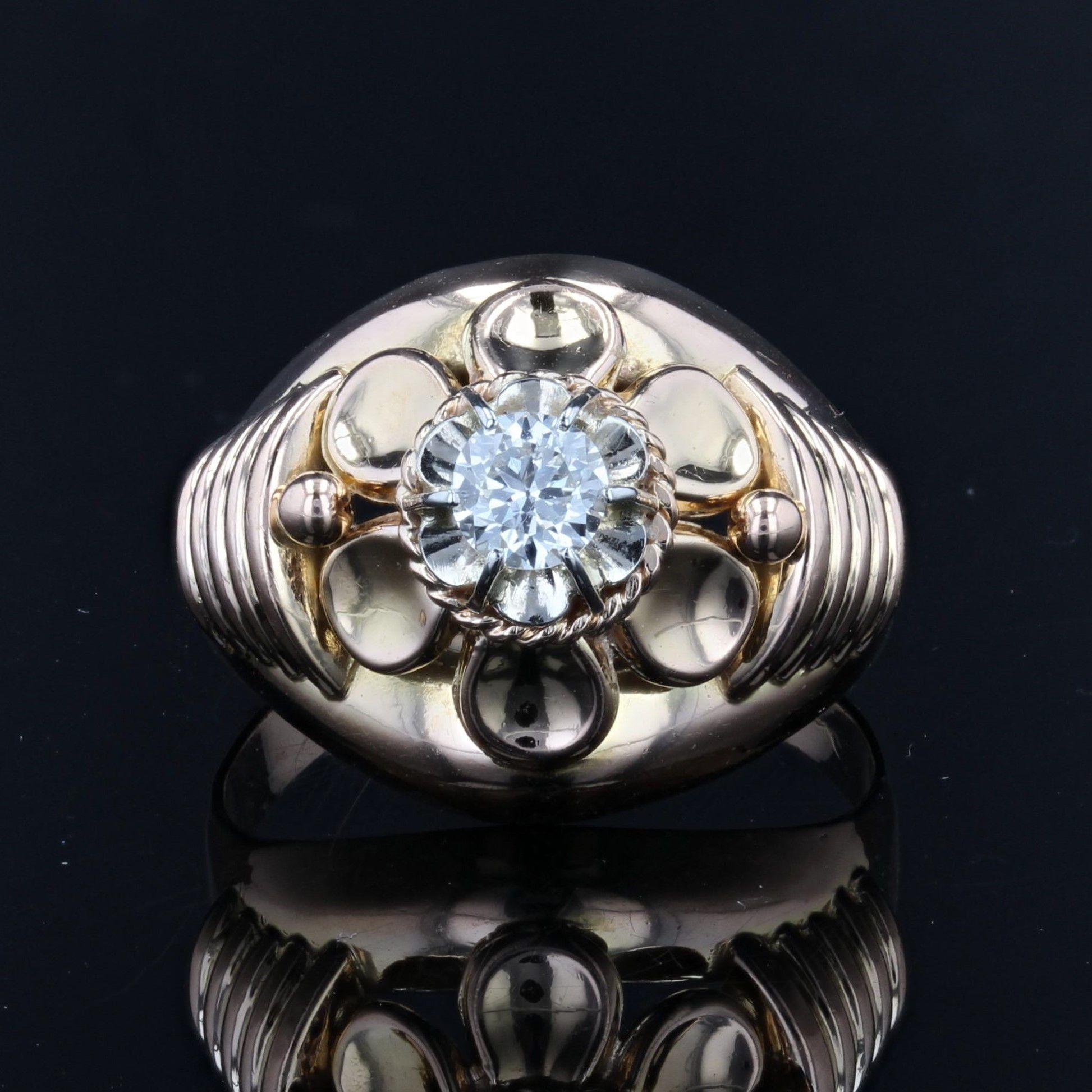 Brilliant Cut French 1950s Diamond 18 Karat Rose Gold Retro Ring For Sale