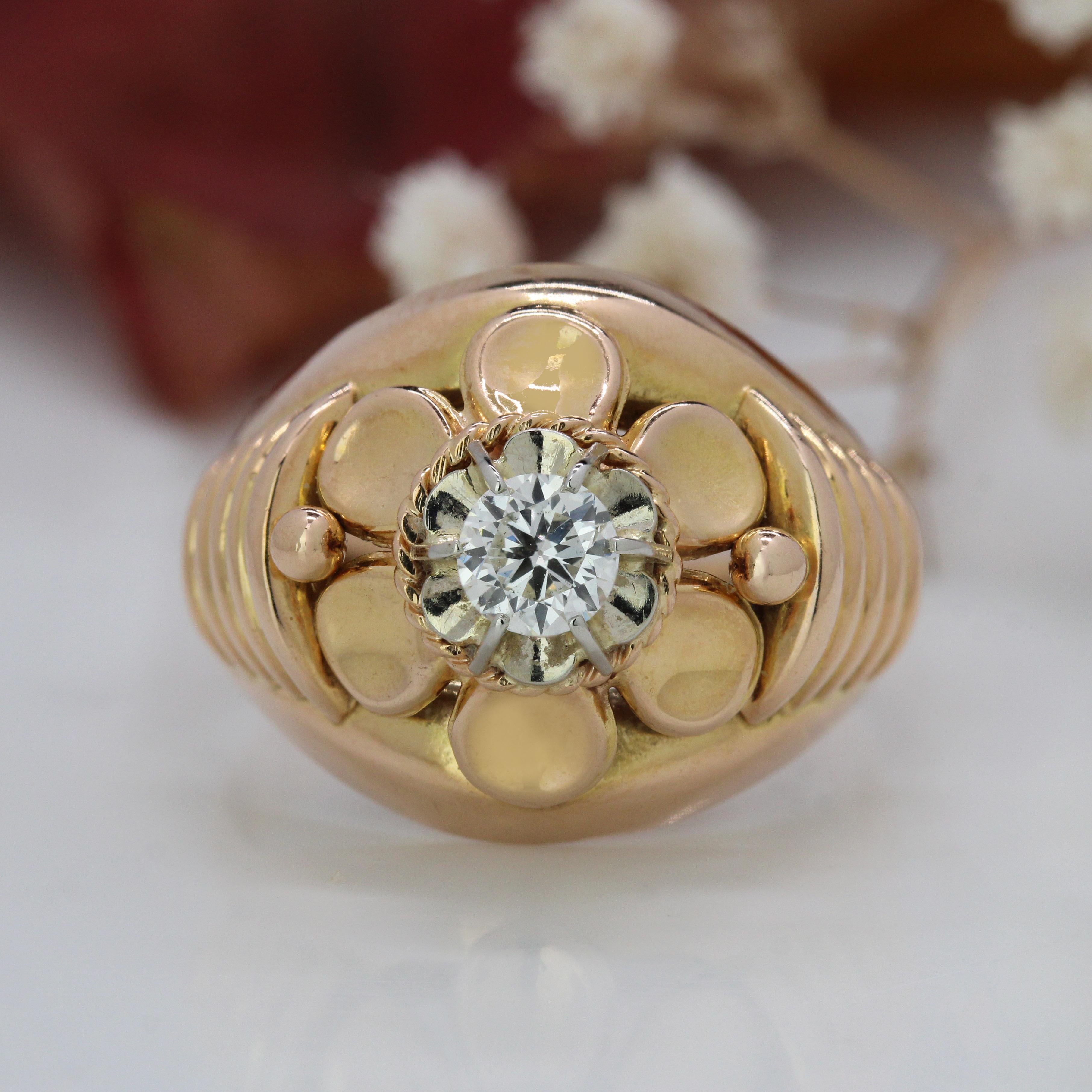 Rétro Anello retrò francese anni '50 con diamante in oro rosa 18 carati in vendita