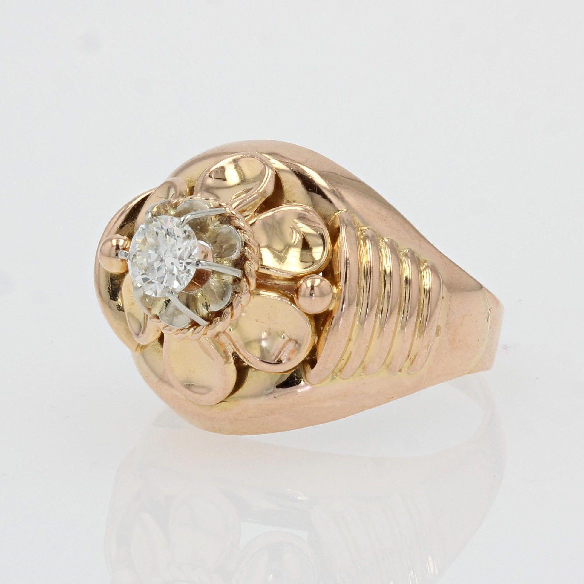 French 1950s Diamond 18 Karat Rose Gold Retro Ring For Sale 1