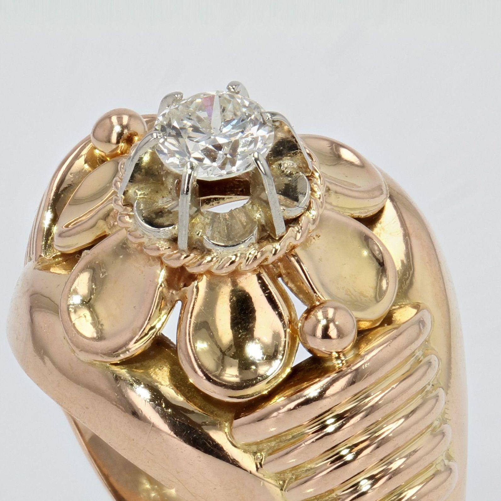 French 1950s Diamond 18 Karat Rose Gold Retro Ring For Sale 2