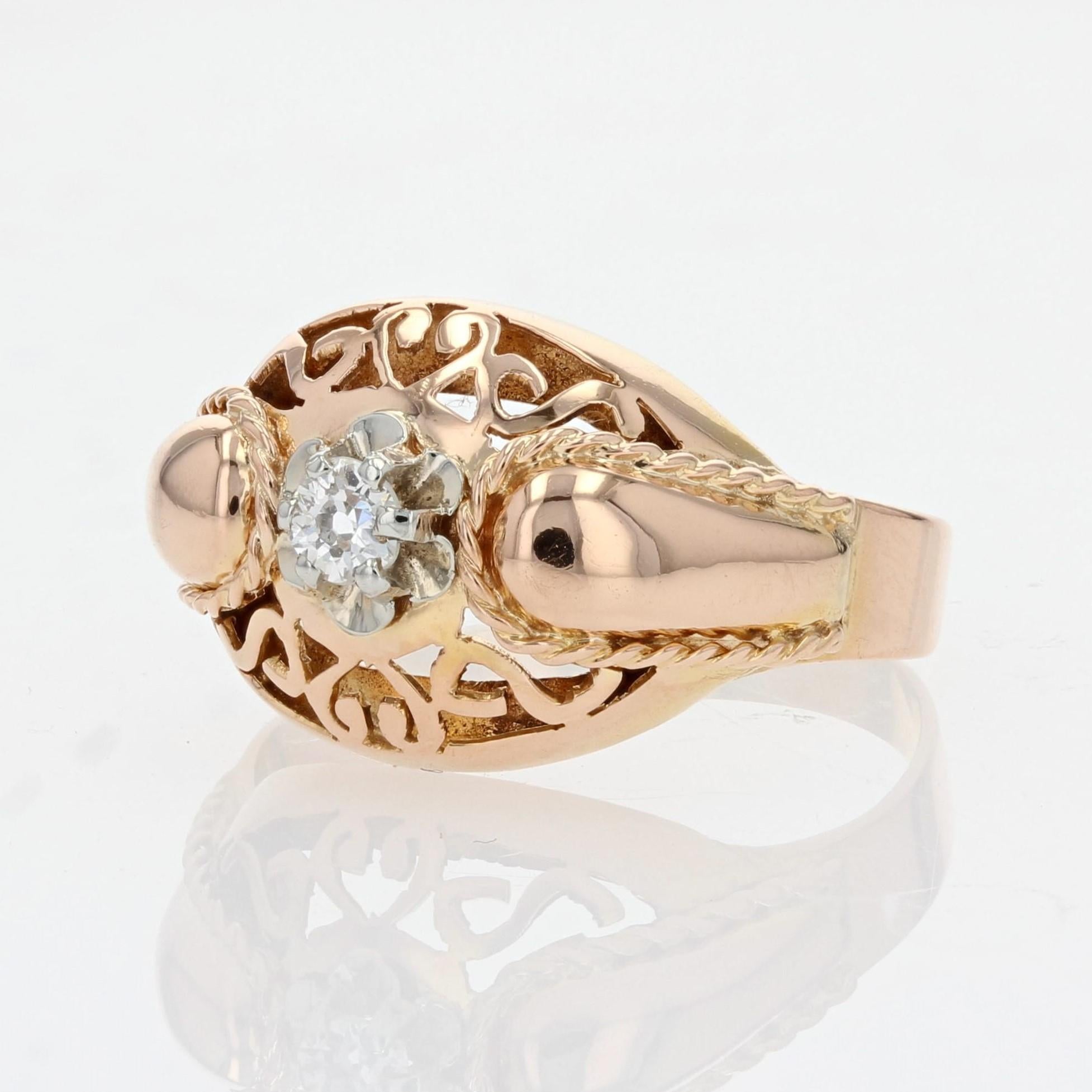 French 1950s Diamond 18 Karat Rose Gold Retro Ring For Sale 4