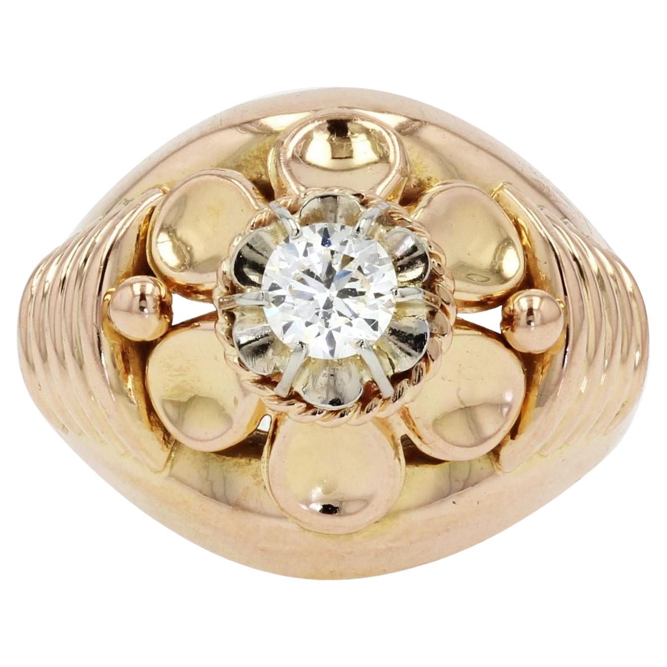 French 1950s Diamond 18 Karat Rose Gold Retro Ring For Sale