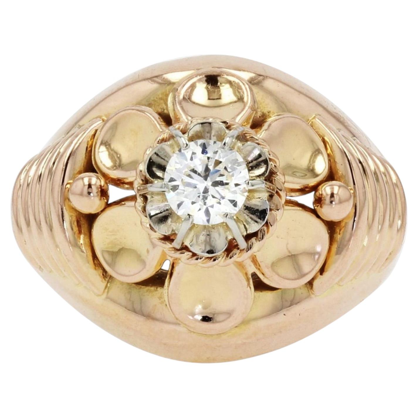 Bague rétro française des années 1950 en or rose 18 carats avec diamants