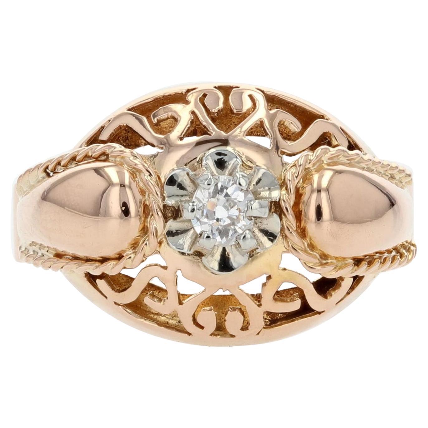 French 1950s Diamond 18 Karat Rose Gold Retro Ring