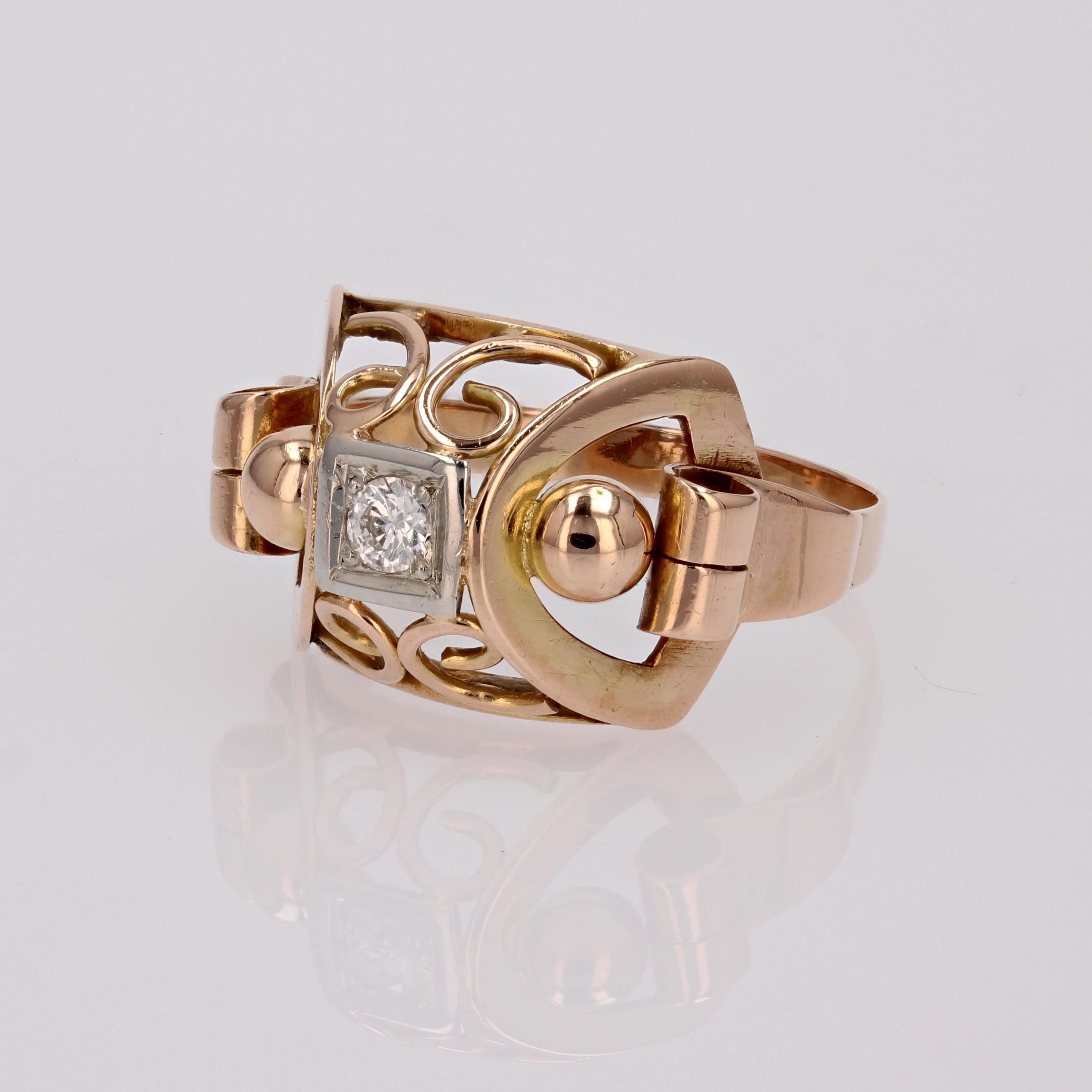French 1950s Diamond 18 Karat Rose Gold Ring For Sale 1