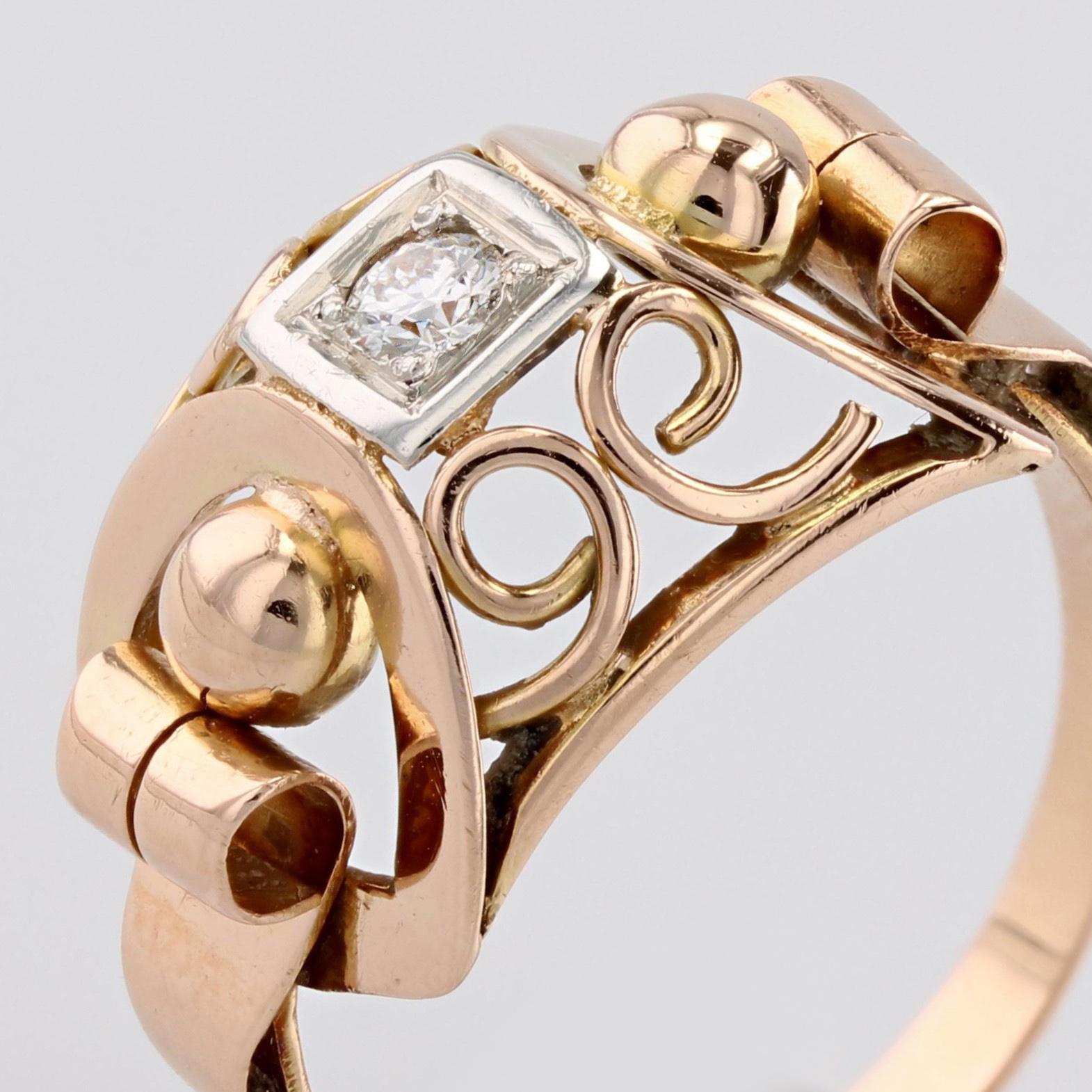 French 1950s Diamond 18 Karat Rose Gold Ring For Sale 2