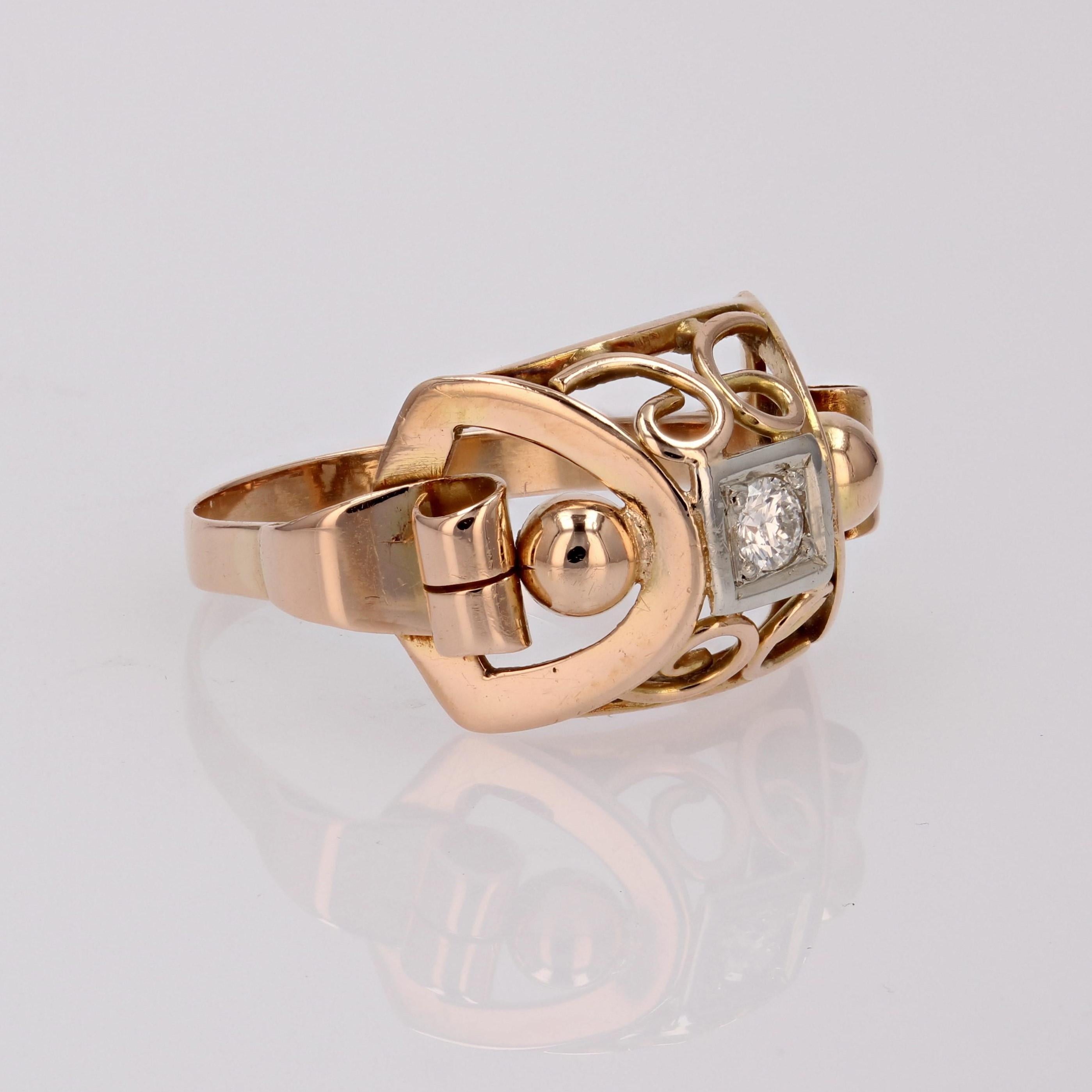 French 1950s Diamond 18 Karat Rose Gold Ring For Sale 3