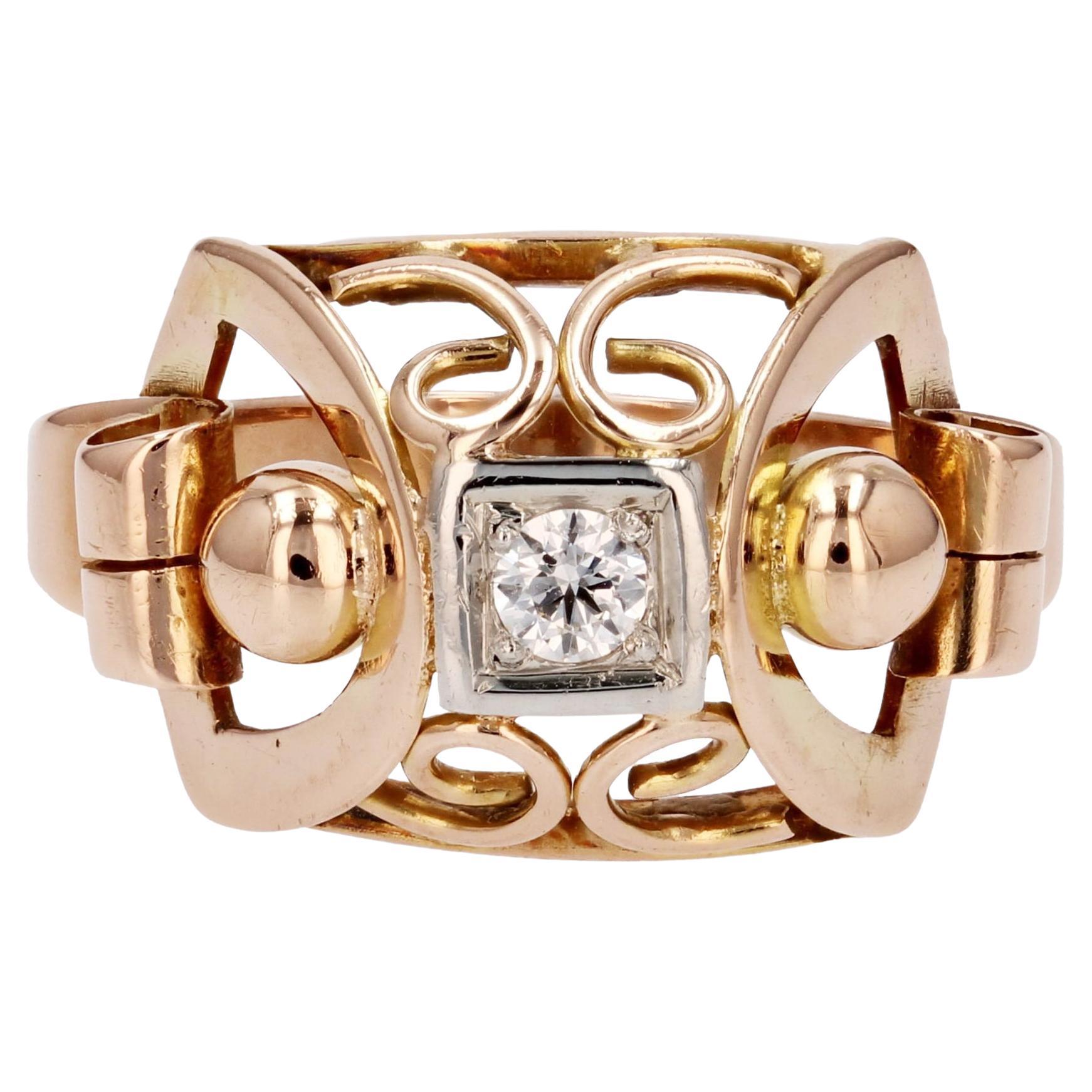 French 1950s Diamond 18 Karat Rose Gold Ring For Sale