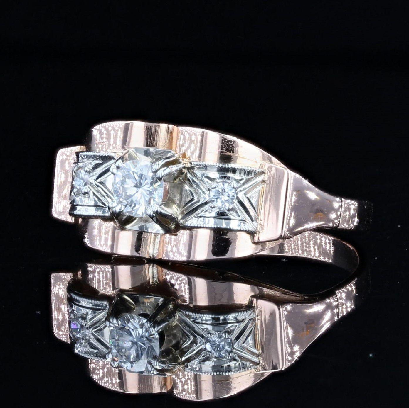 Brilliant Cut French 1950s Diamond 18 Karat Rose Gold Tank Ring For Sale