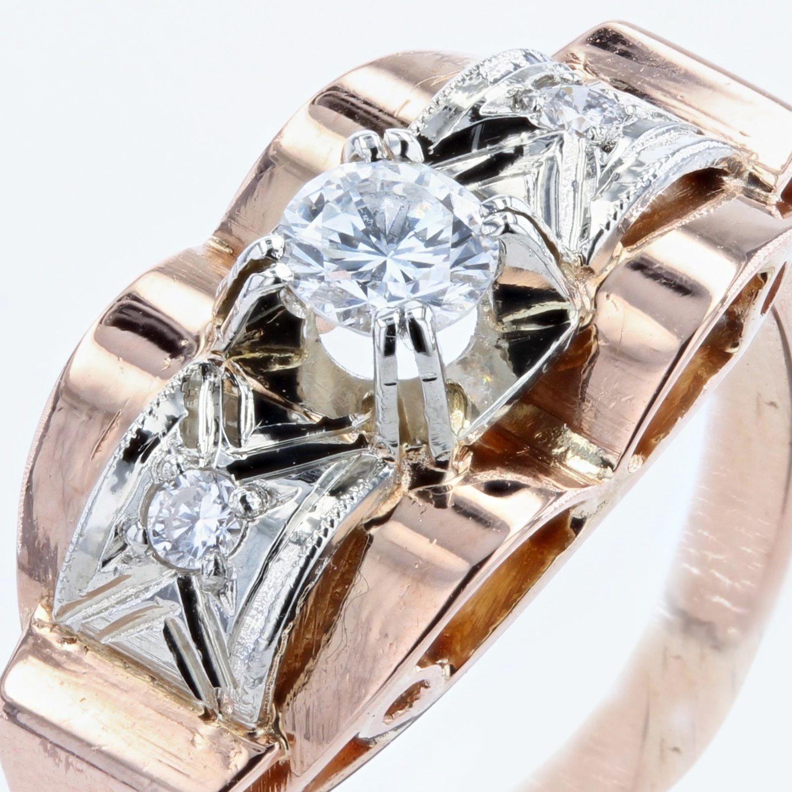 French 1950s Diamond 18 Karat Rose Gold Tank Ring For Sale 1