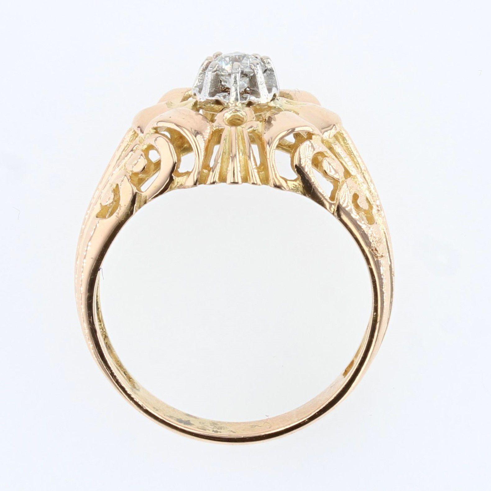 French 1950s Diamond 18 Karat Yellow Gold Openwork Ring For Sale 5