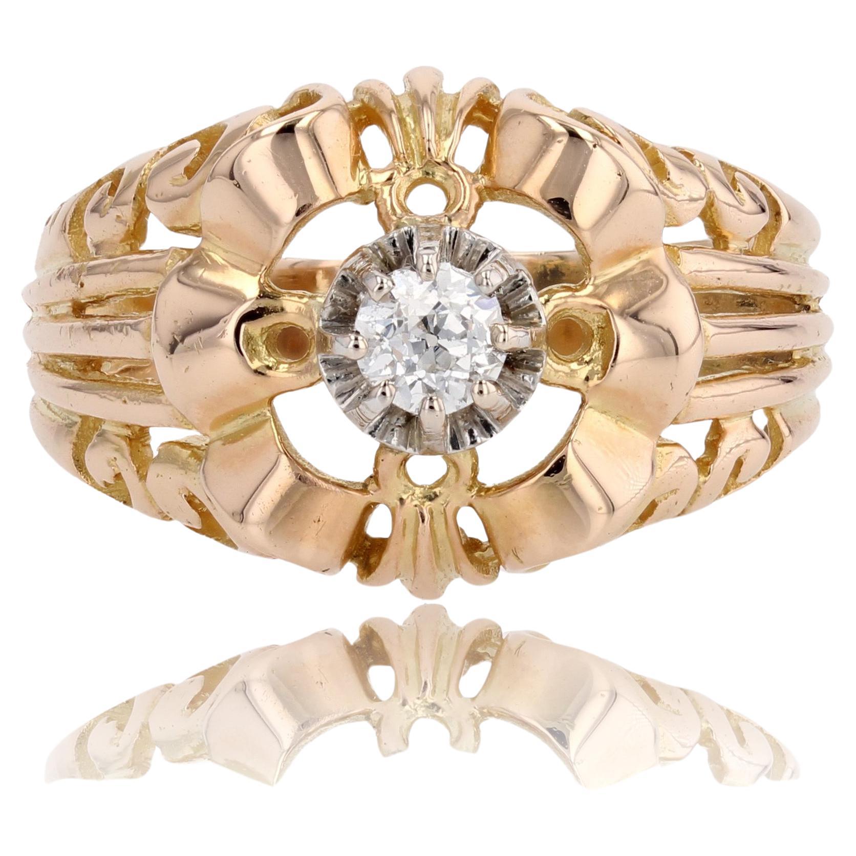French 1950s Diamond 18 Karat Yellow Gold Openwork Ring For Sale