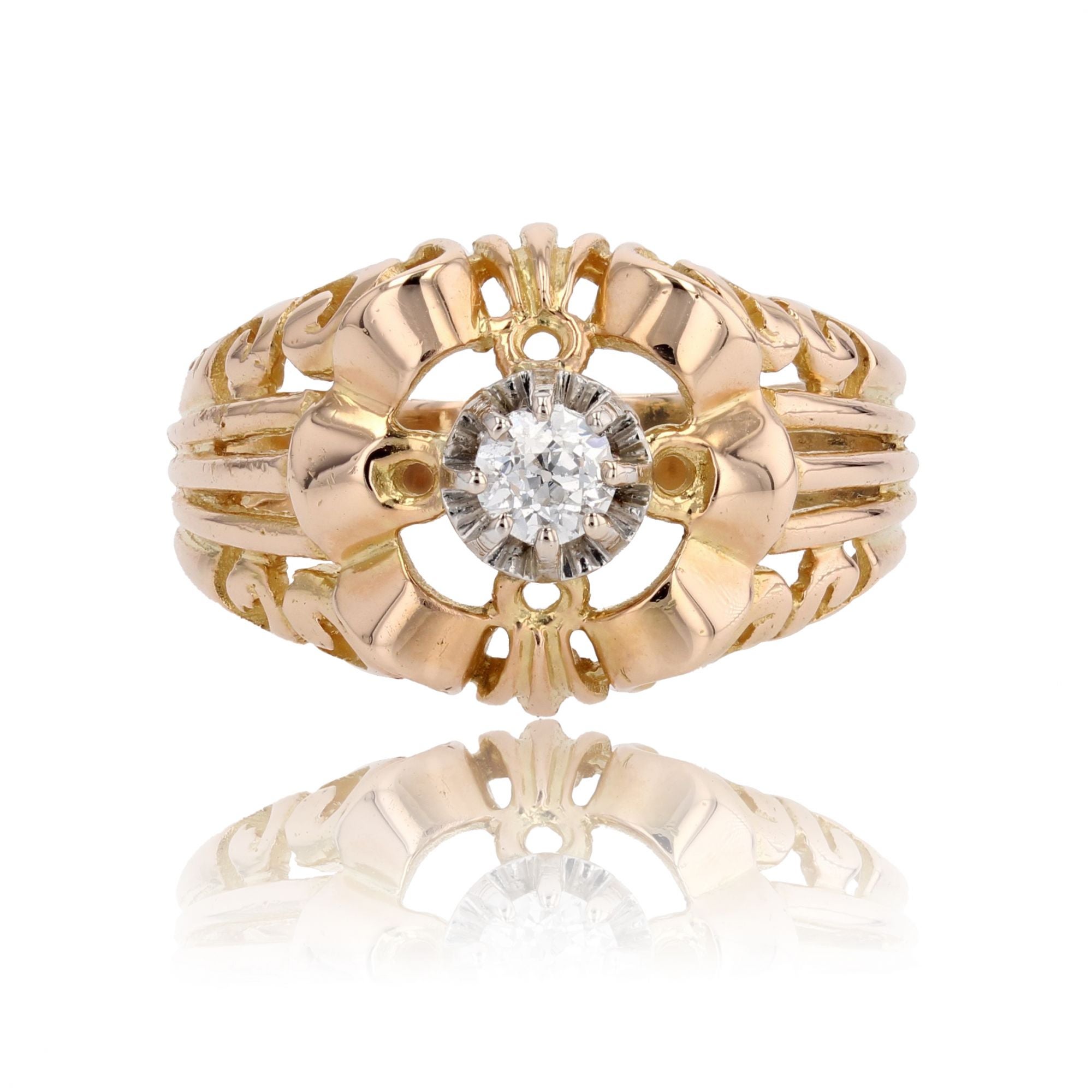 French 1950s Diamond 18 Karat Yellow Gold Openwork Ring For Sale