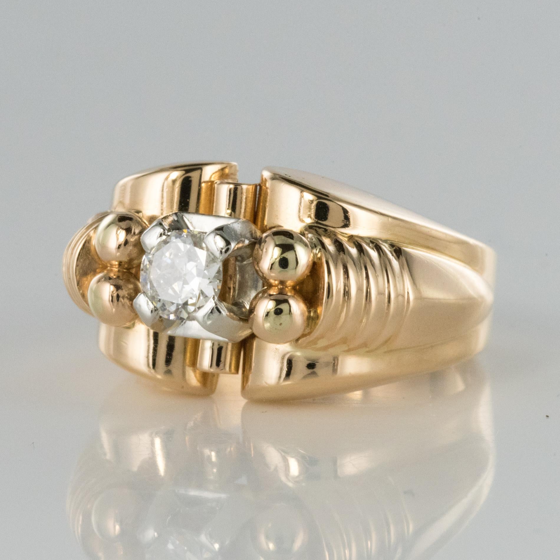 French 1950s Diamond 18 Karat Yellow Gold Retro Tank Ring In Good Condition In Poitiers, FR