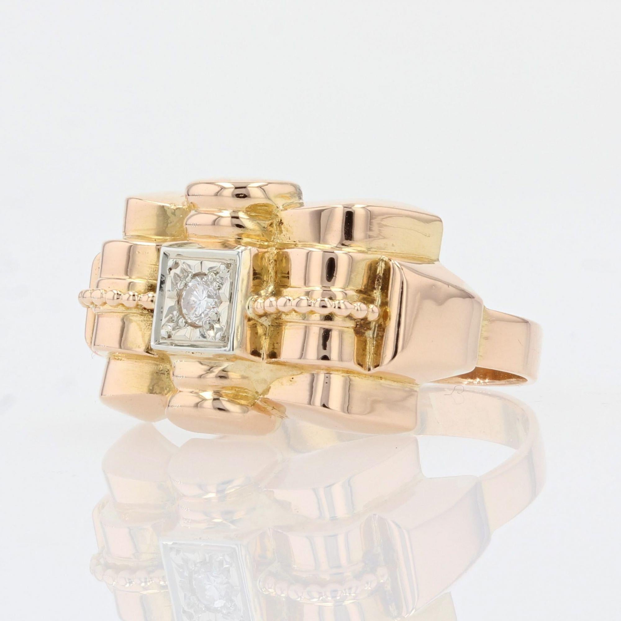 French 1950s Diamond 18 Karat Yellow Gold Tank Ring In Good Condition In Poitiers, FR