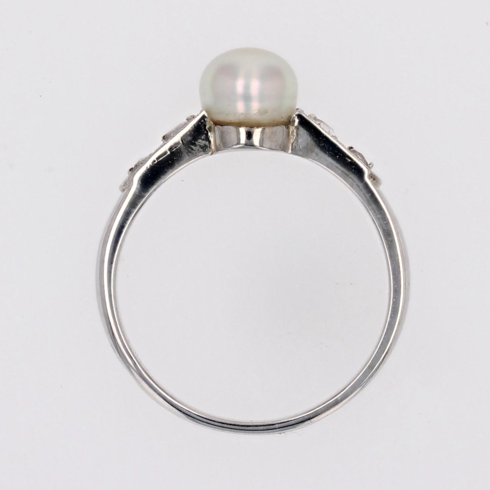 French 1950s Diamond Cultured Pearl 18 Karat White Gold Ring For Sale 6