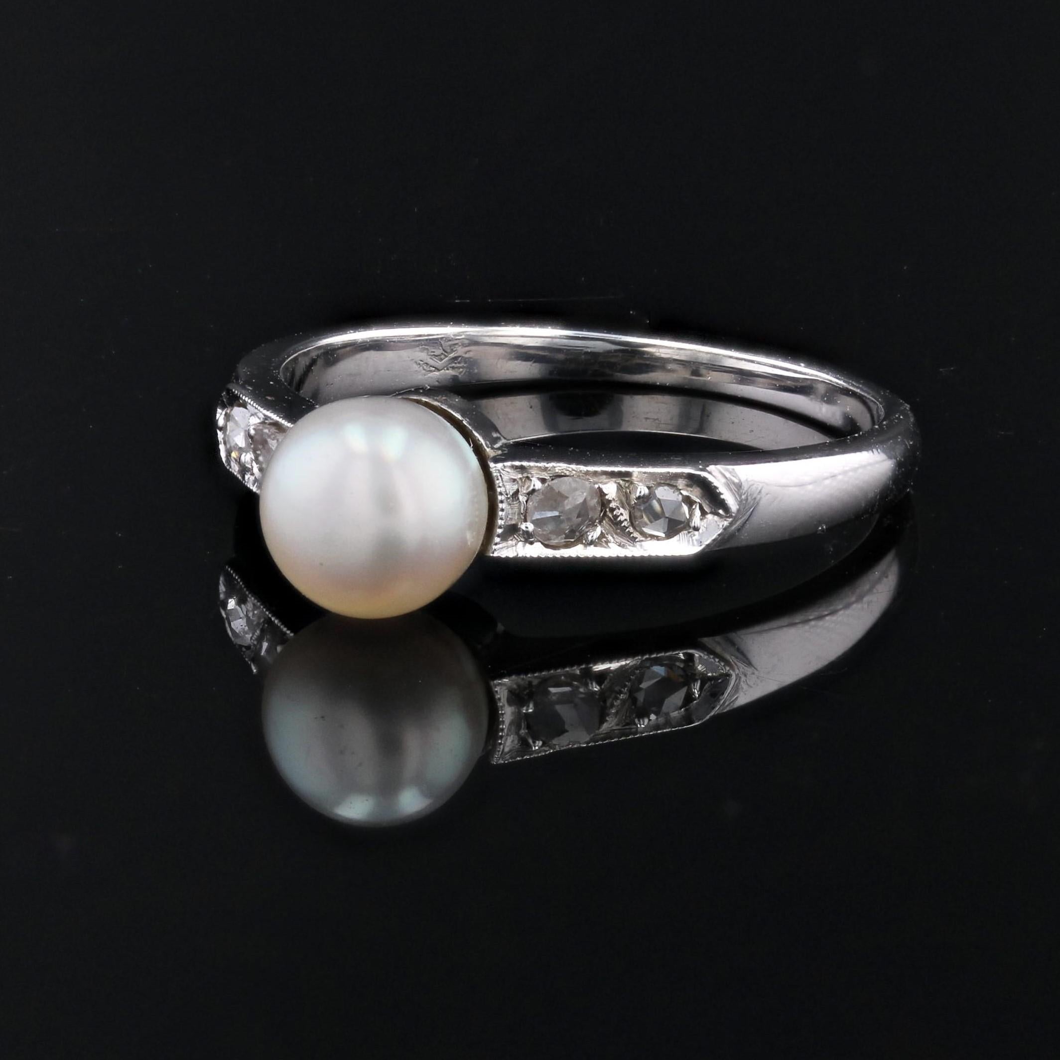 Women's French 1950s Diamond Cultured Pearl 18 Karat White Gold Ring For Sale