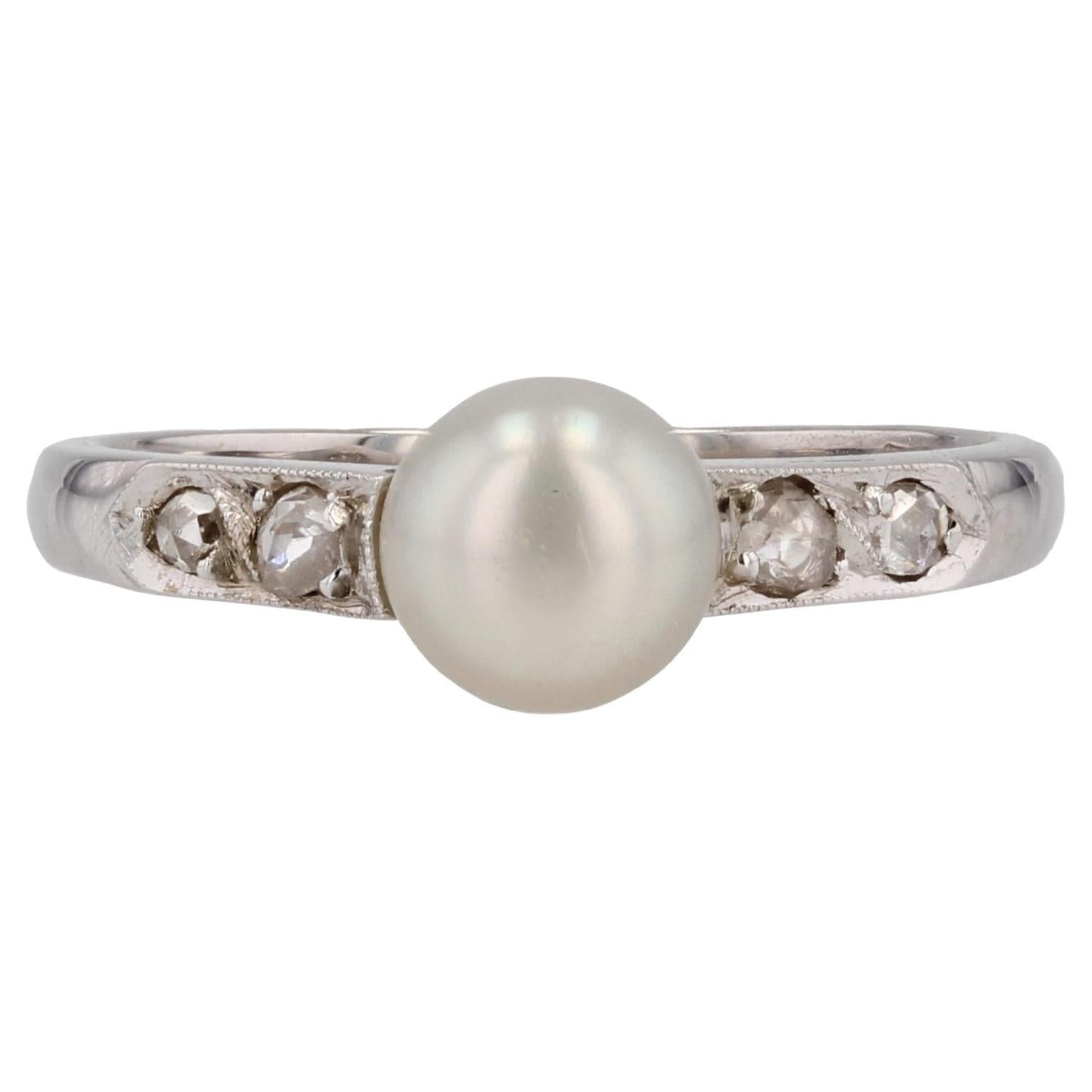 French 1950s Diamond Cultured Pearl 18 Karat White Gold Ring For Sale