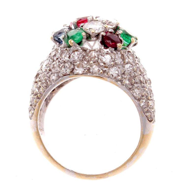 Retro French 1950s Diamond Emerald Ruby Sapphire Tutti Fruti Gold Cocktail Ring