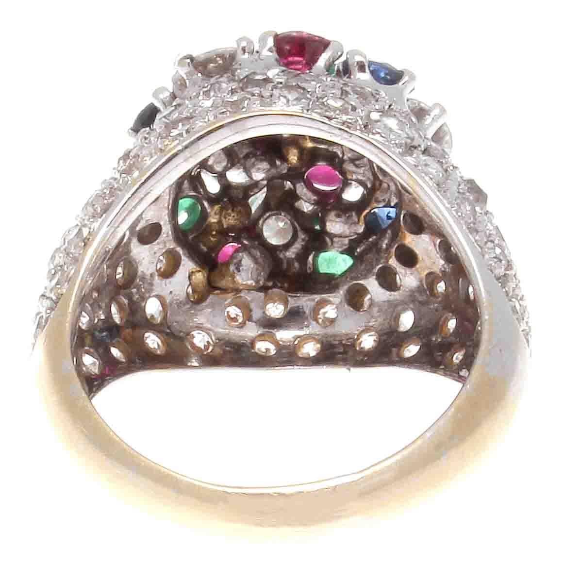 Retro French 1950s Diamond Emerald Sapphire Ruby Tutti Fruti Gold Cocktail Ring