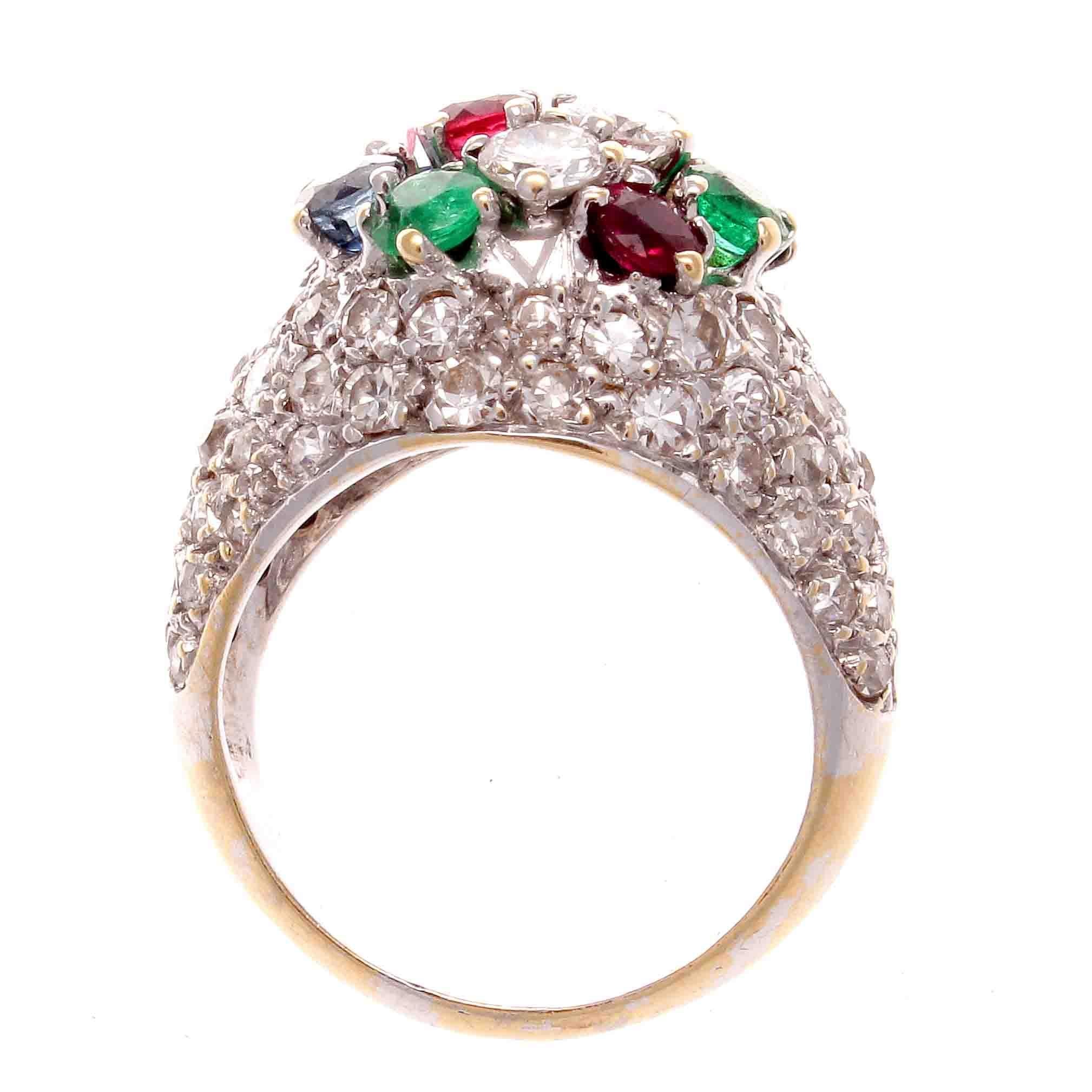 French 1950s Diamond Emerald Sapphire Ruby Tutti Fruti Gold Cocktail Ring In Excellent Condition In Beverly Hills, CA
