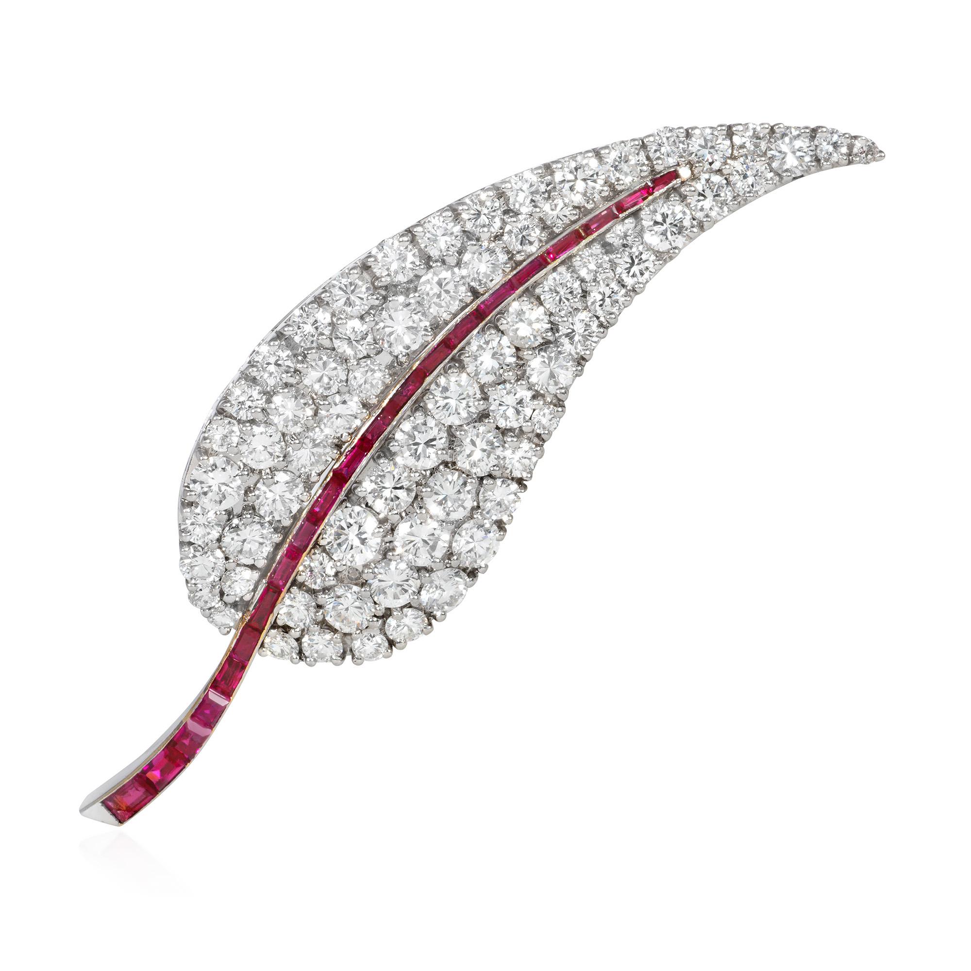 Modern French 1950s Diamond Leaf Brooch with Interchangeable Multi-Gem Spine Inserts